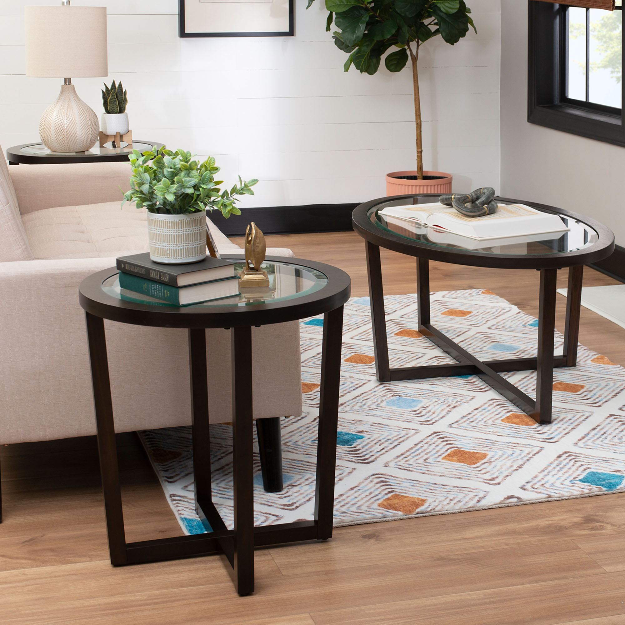 Basilia Espresso Wooden and Glass Oval Coffee Table and Round