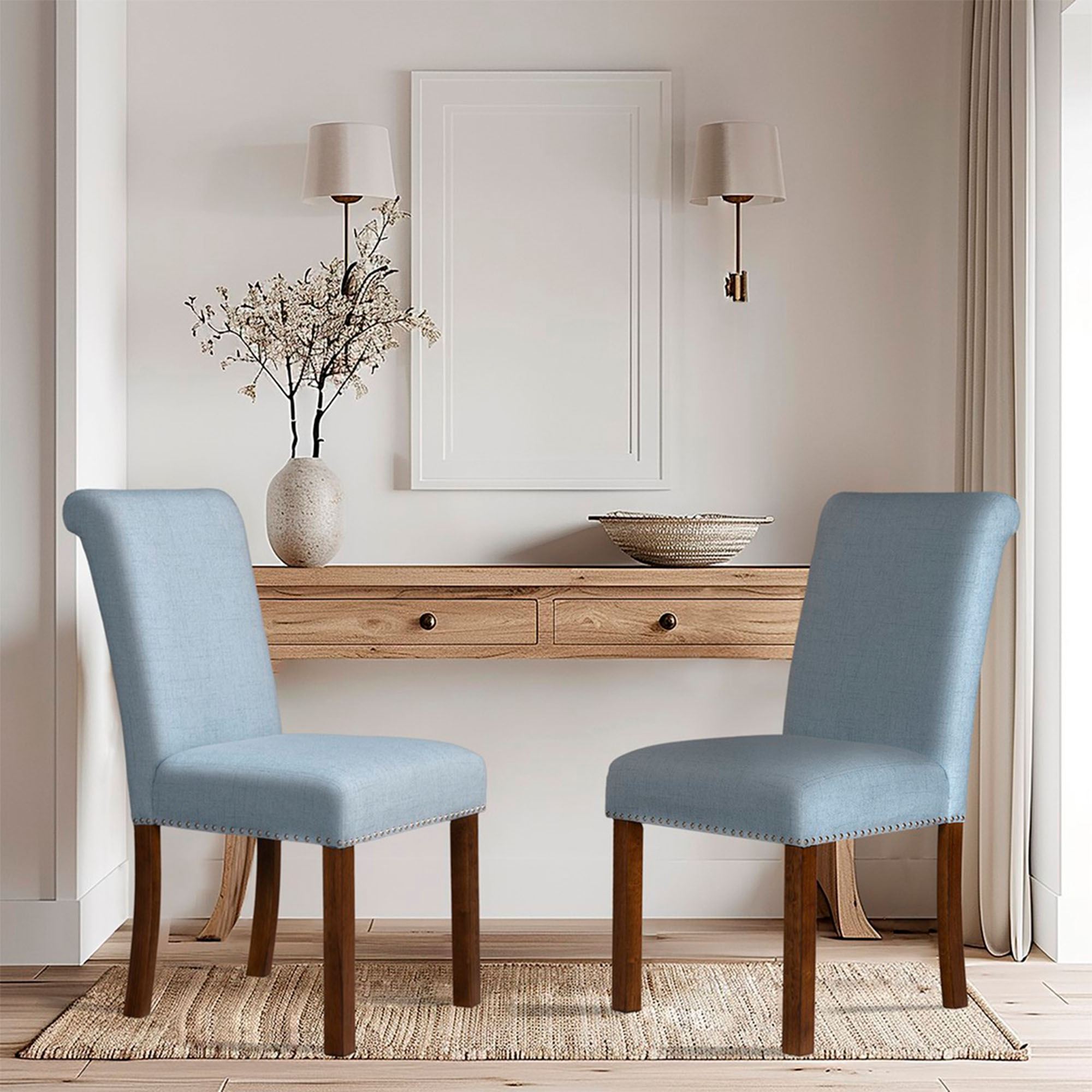 Fiorella Powder Blue Roll Back Armless Upholstered Dining Chair Set of 2
