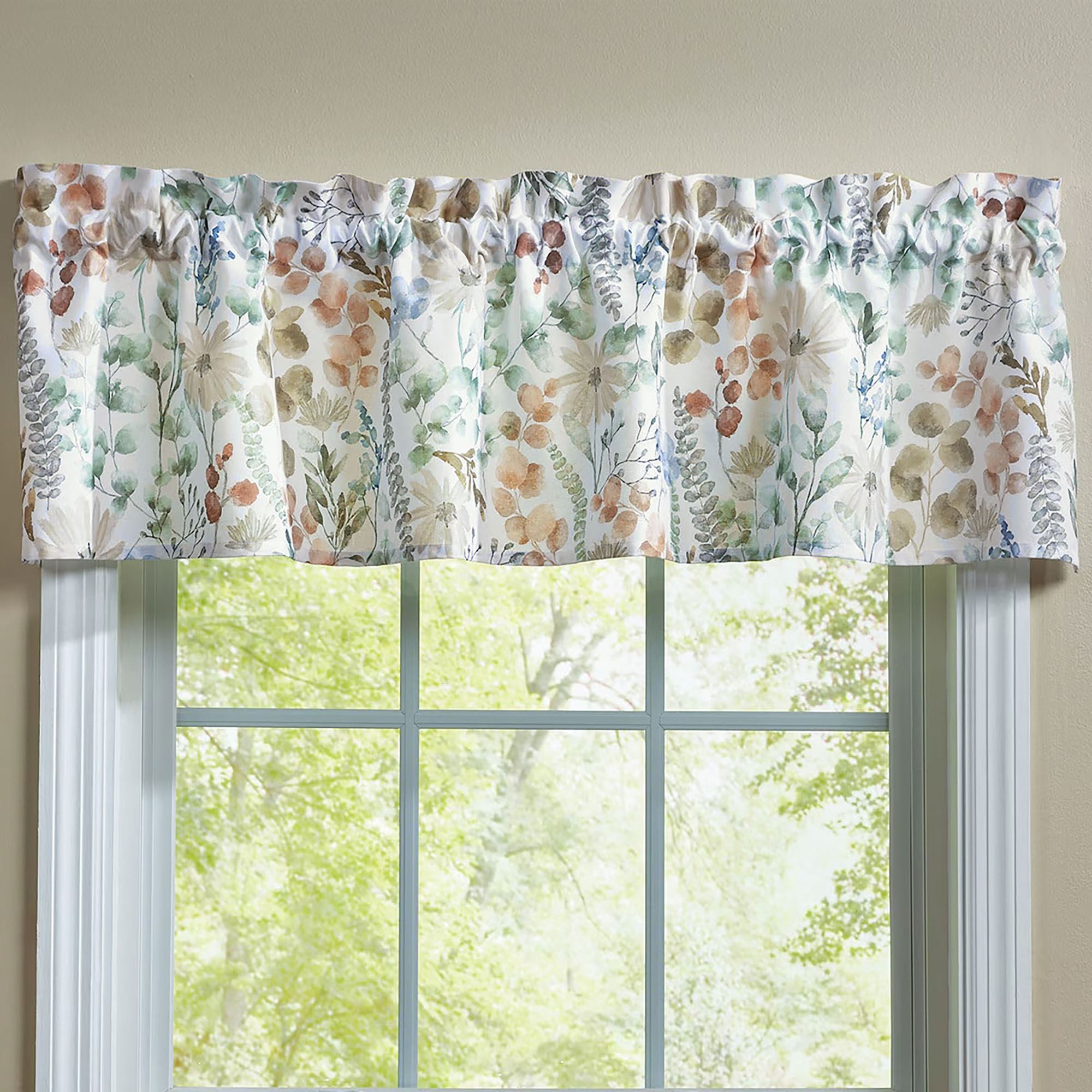 Multi Patterned Valance Melody Watercolor Style Botanical Floral Leaf Cotton Tailored Window ...