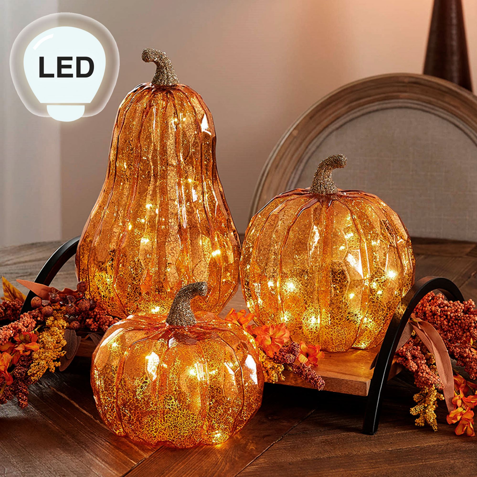 Autumn LED Pumpkins Orange Set of Three