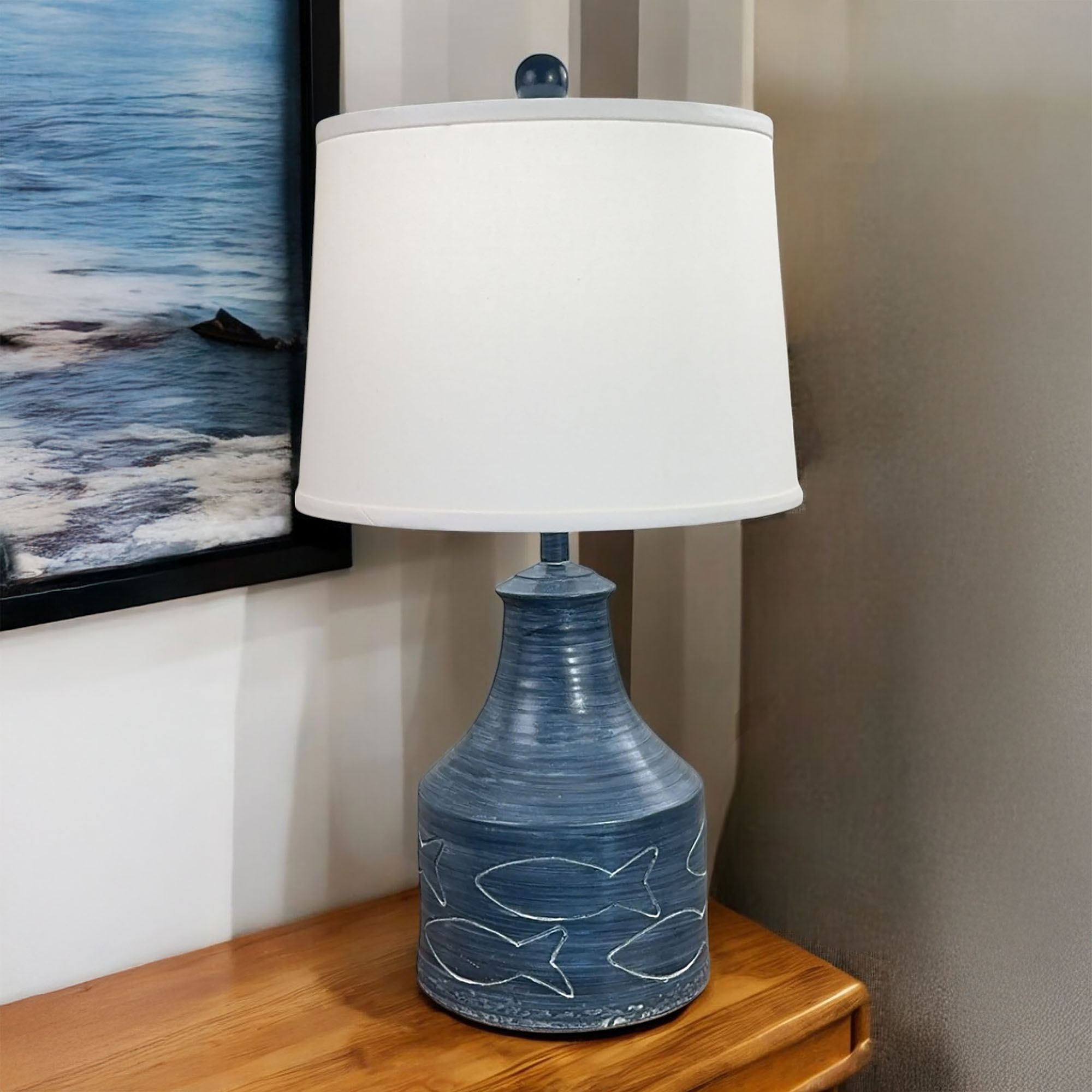 Etched Fish Handcrafted and Handpainted Coastal Table Lamp