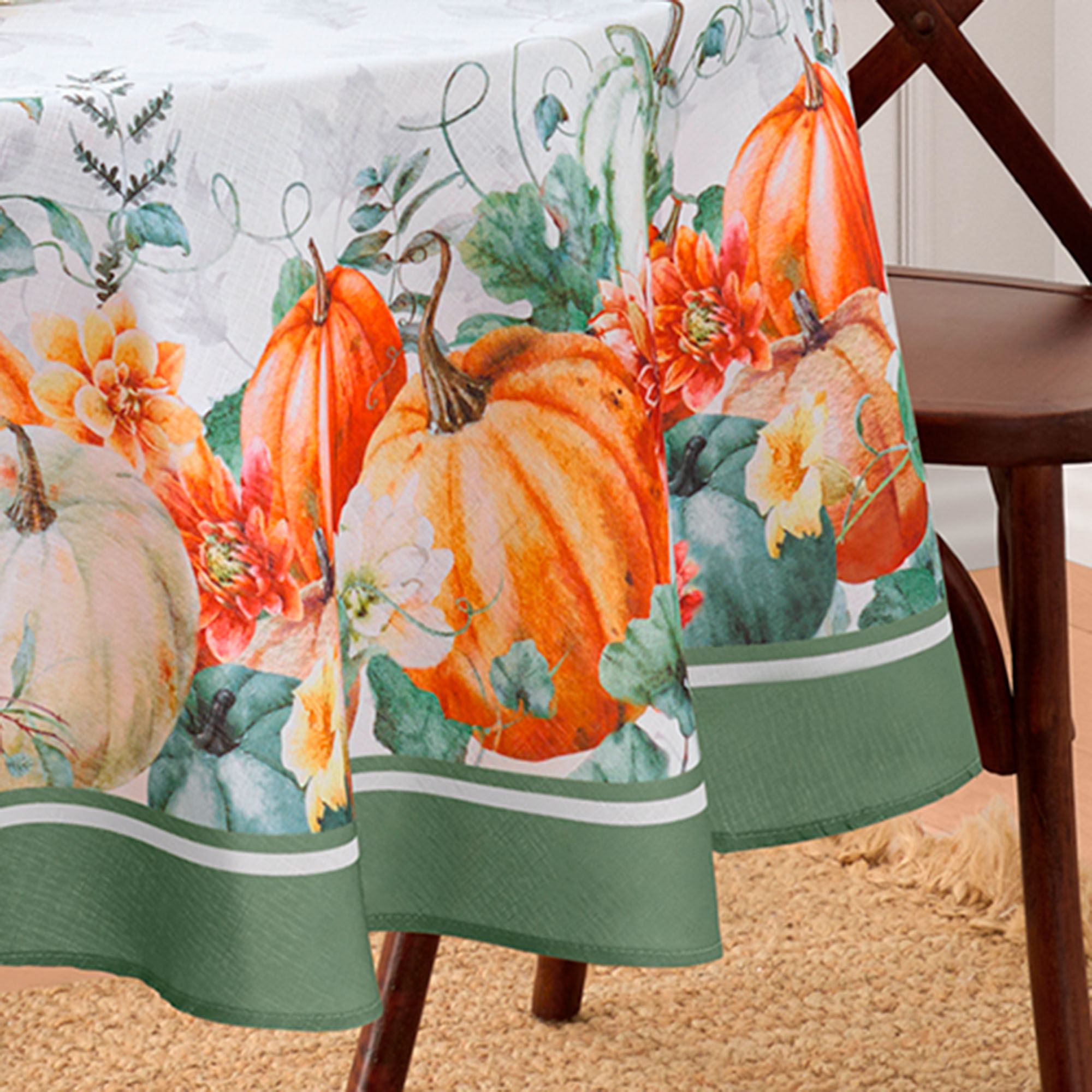 Fall Pumpkin Round Tablecloth - 60 Inch Diameter Waterproof & Heat Resistant - Mint Green With Peach Pumpkins
