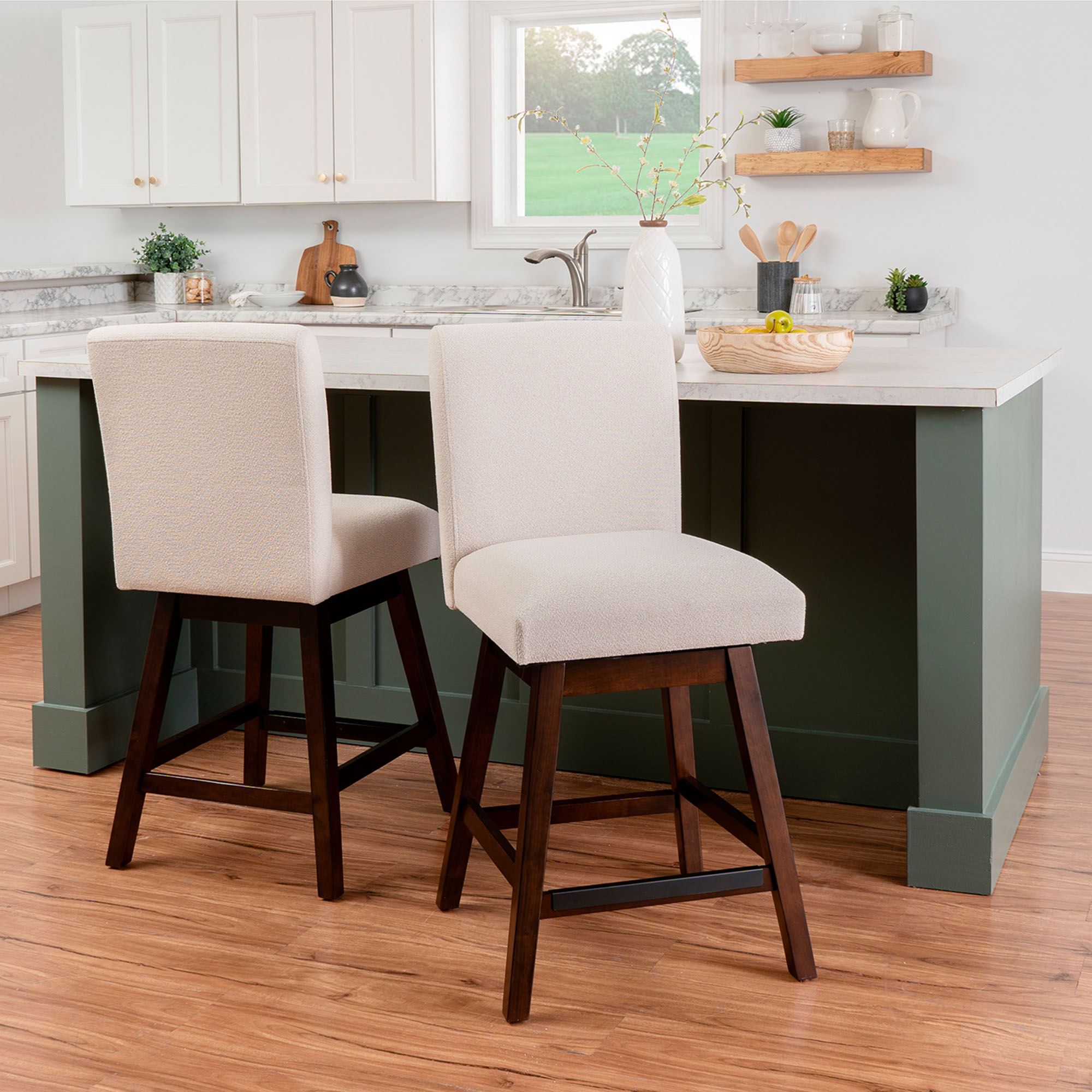 Ivory Bar Tools Bri Swivel Solid Wood Ivory Upholstered Bar or Counter Stool Set of 2