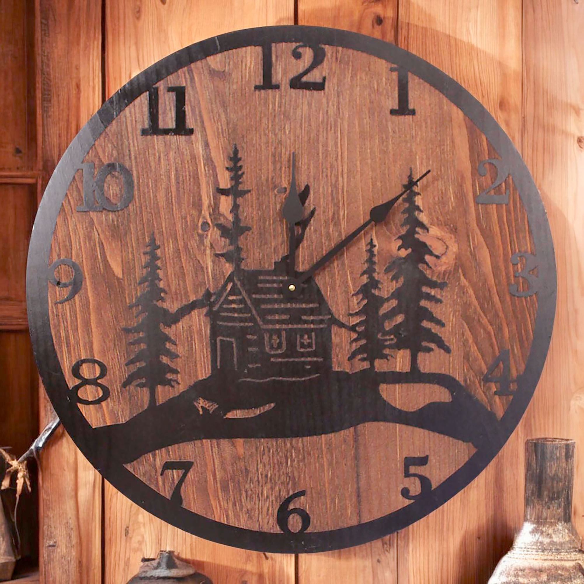 Cabin Scene Handcrafted Wood Rustic Wall Clock