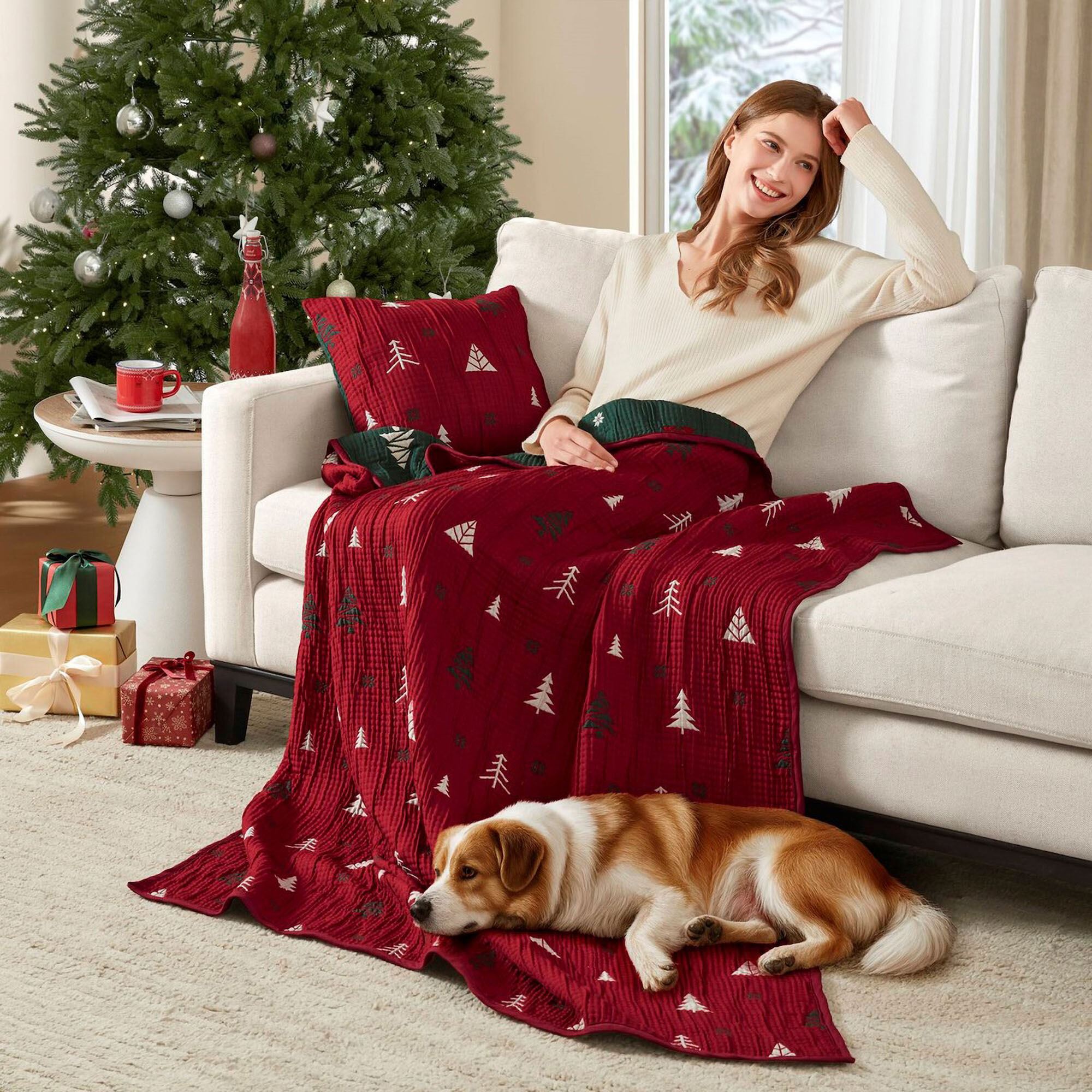 Winter Throw Blanket and Pillow Red 2 Piece Set