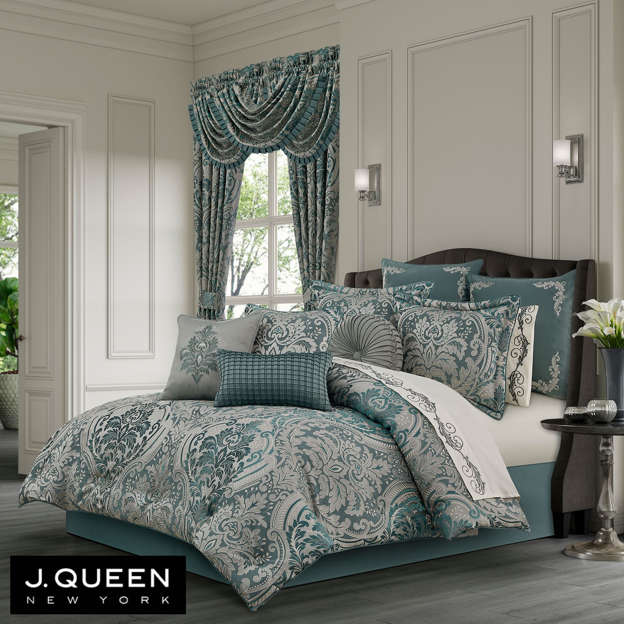 Renata Teal Jacquard Woven Damask Comforter Set Luxury Bedding by J ...