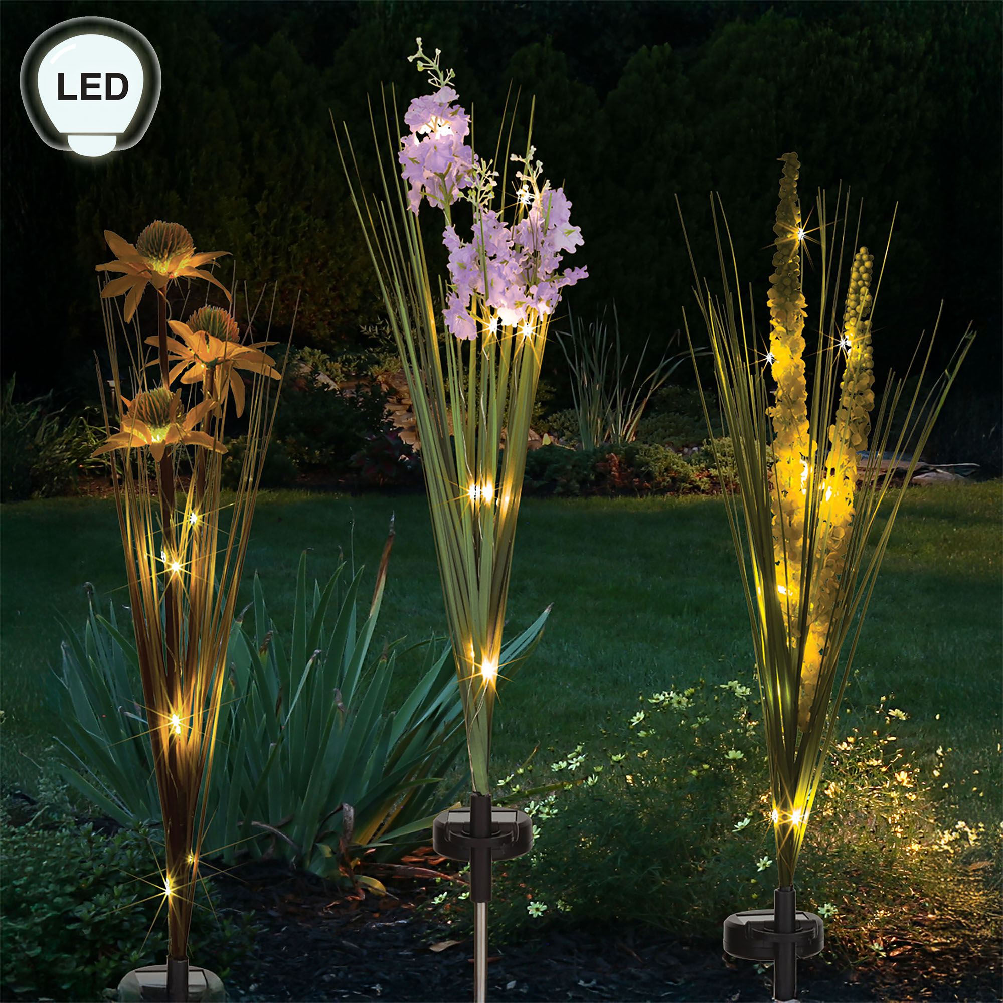 Solar Rattan Stake Floral Solar LED Lighted Outdoor Garden Yard Stake Set