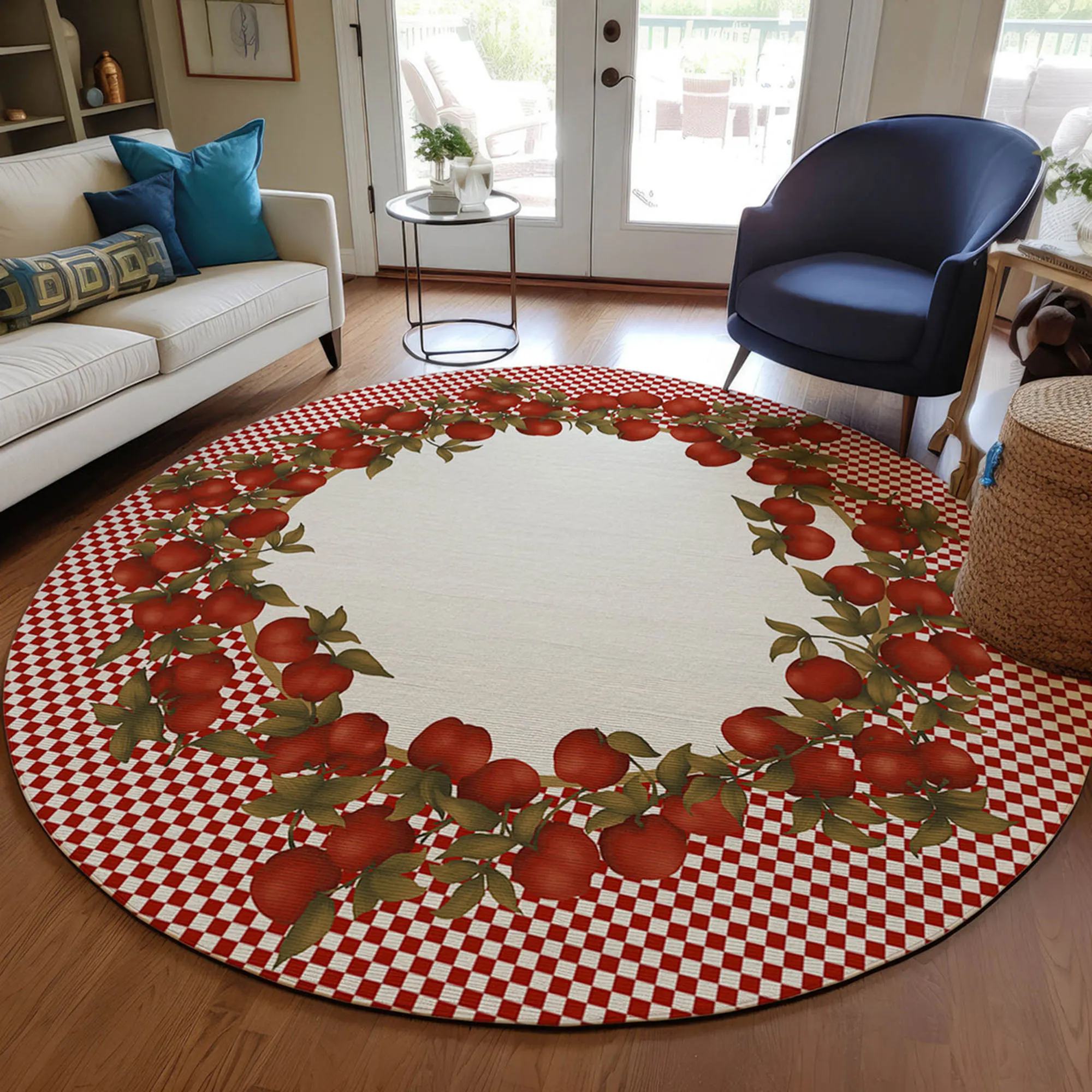 Red Apple Border Machine Washable Kitchen Dining Indoor Outdoor Fruit Rugs