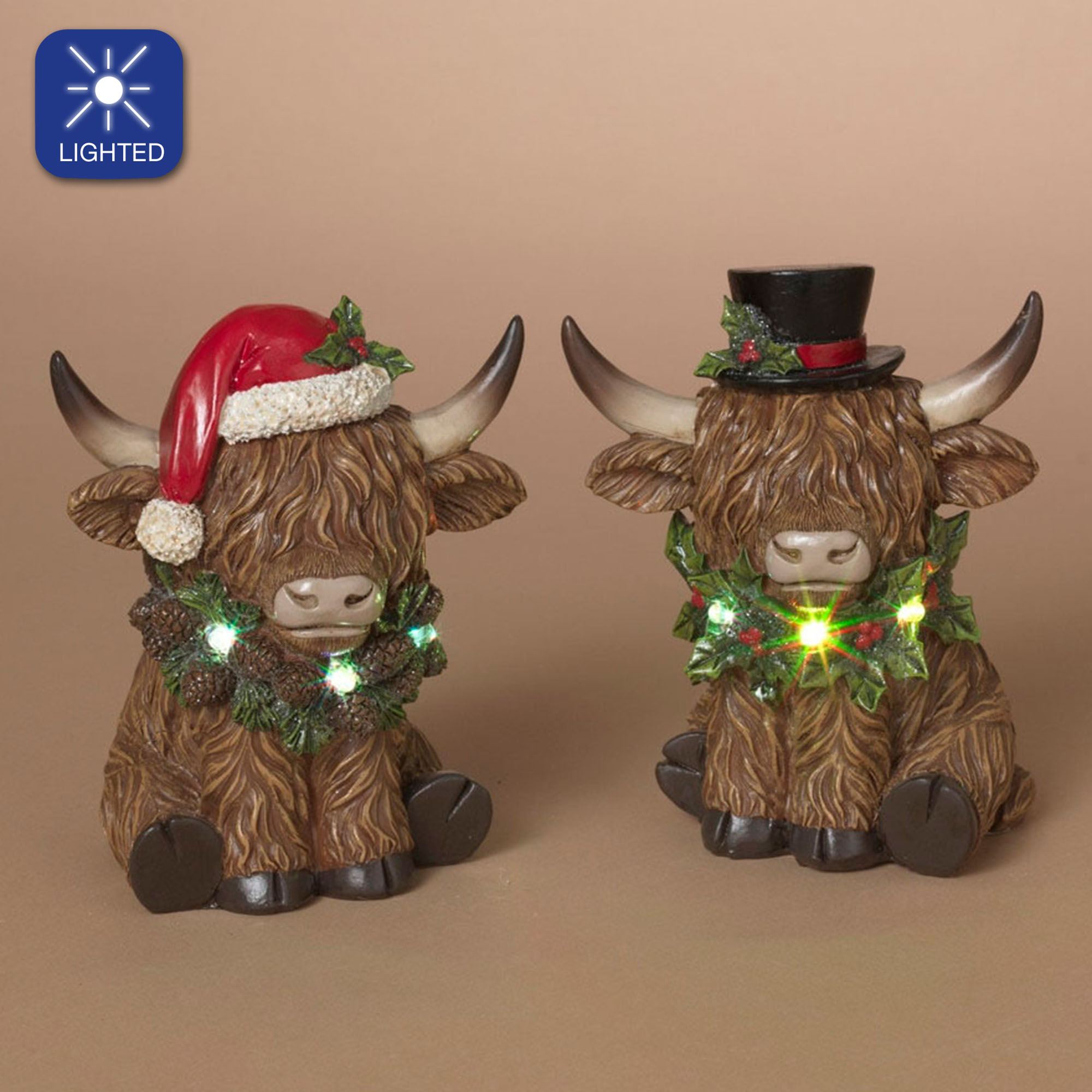 Christmas Highland Cow Table Sculptures Brown Set of Two