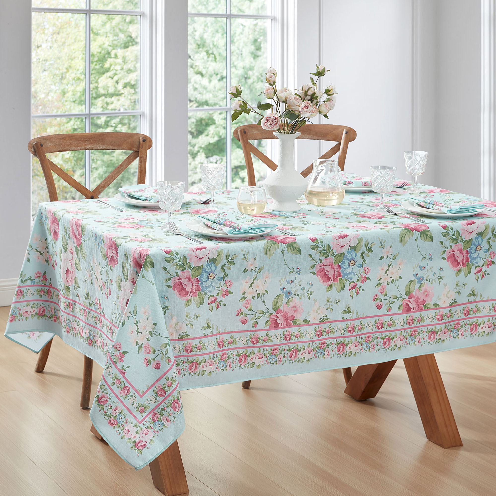 Timeless Floral Rectangle Tablecloth Pastel Blue