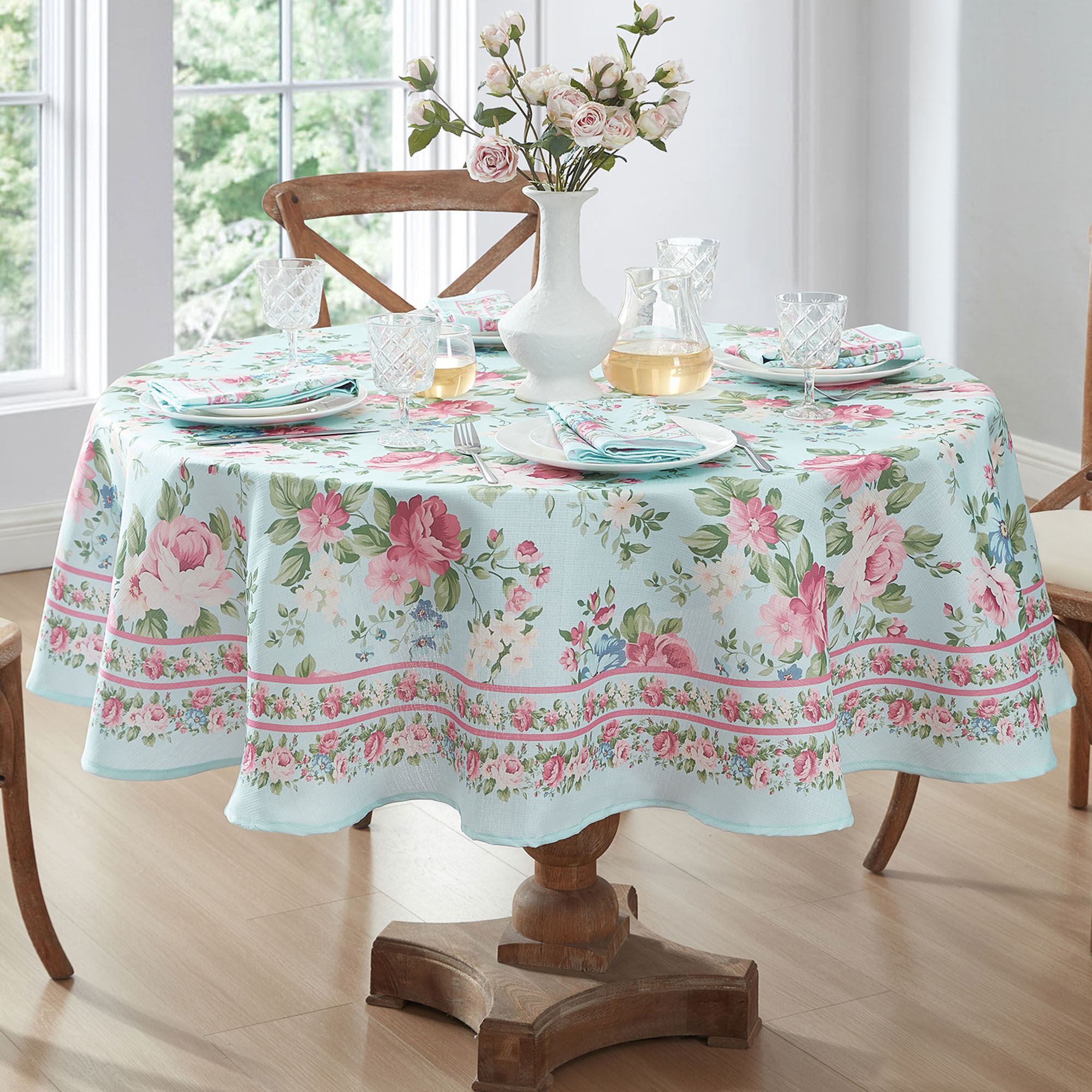 Timeless Floral Round Tablecloth Pastel Blue 70 Diameter