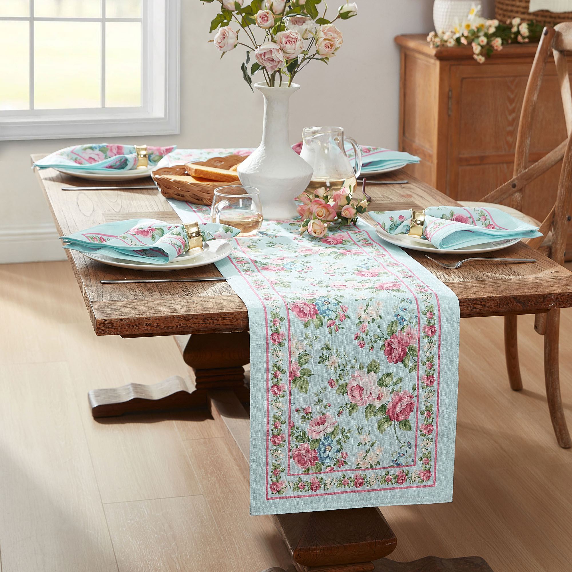 Timeless Floral Table Runner Pastel Blue 13 x 70