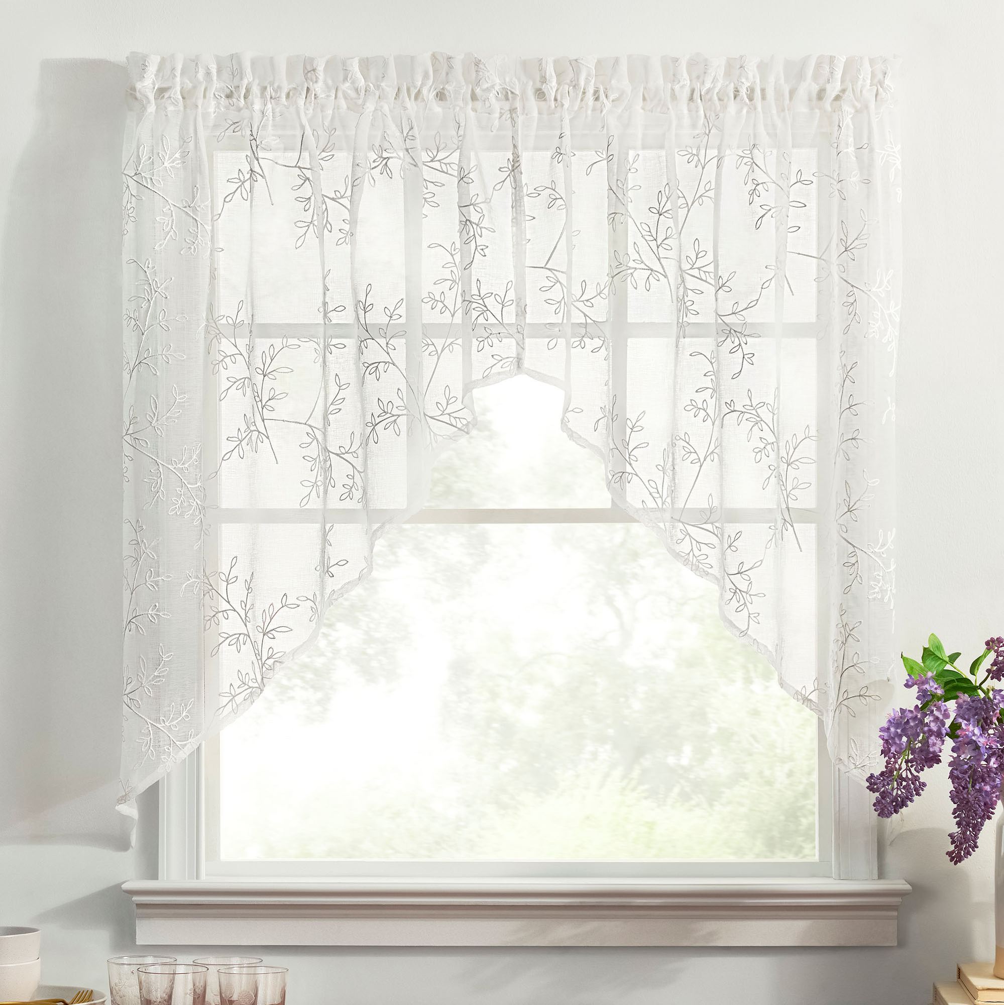 Willow Bloom Sheer Swag Valance Pair White 76 x 38