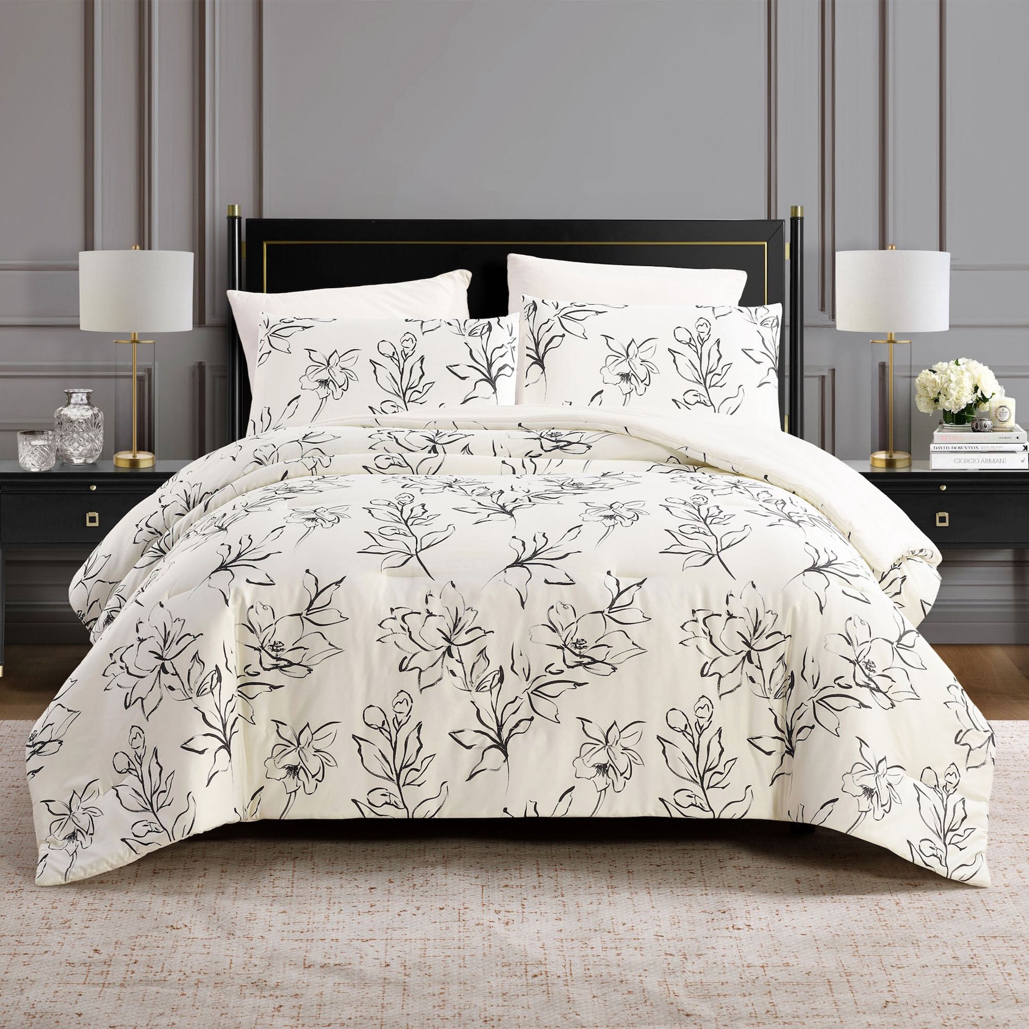 Inked Floral Mini Comforter Set Black/Ivory