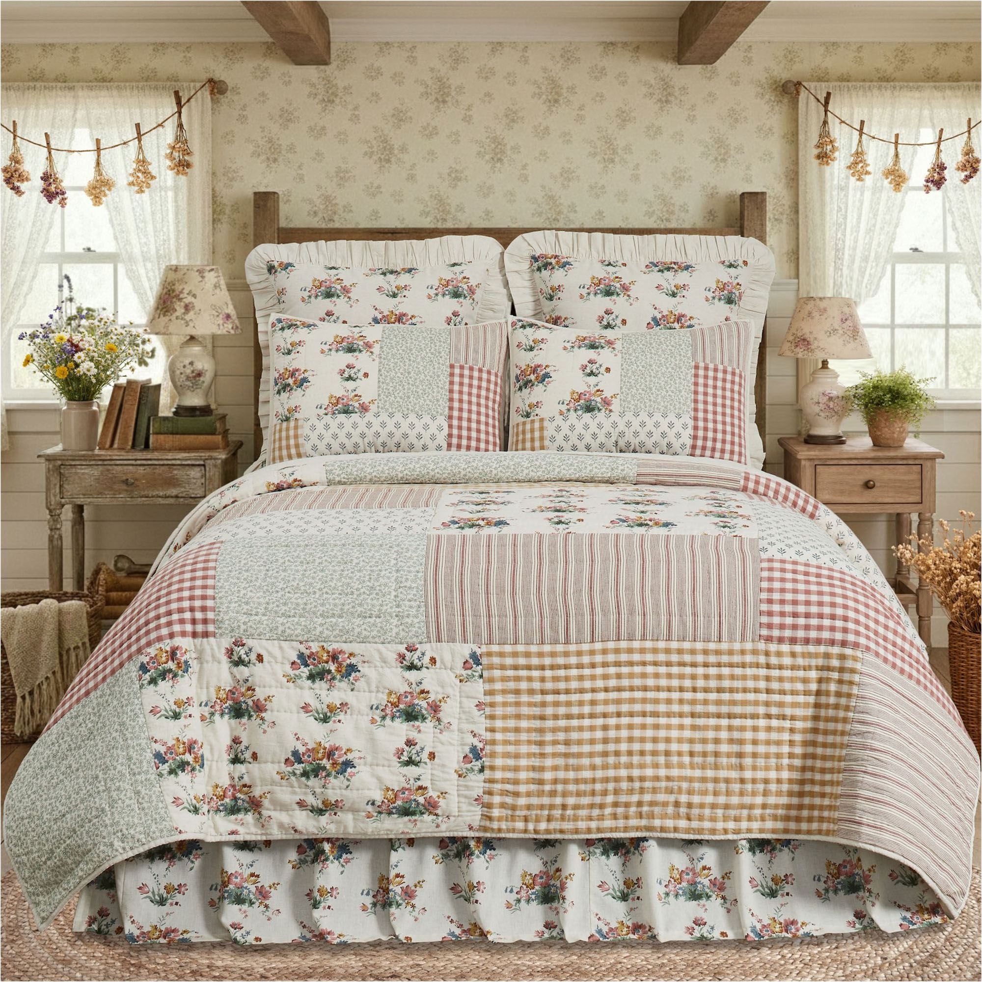 Floral Gingham Patchwork Quilt Multi Warm