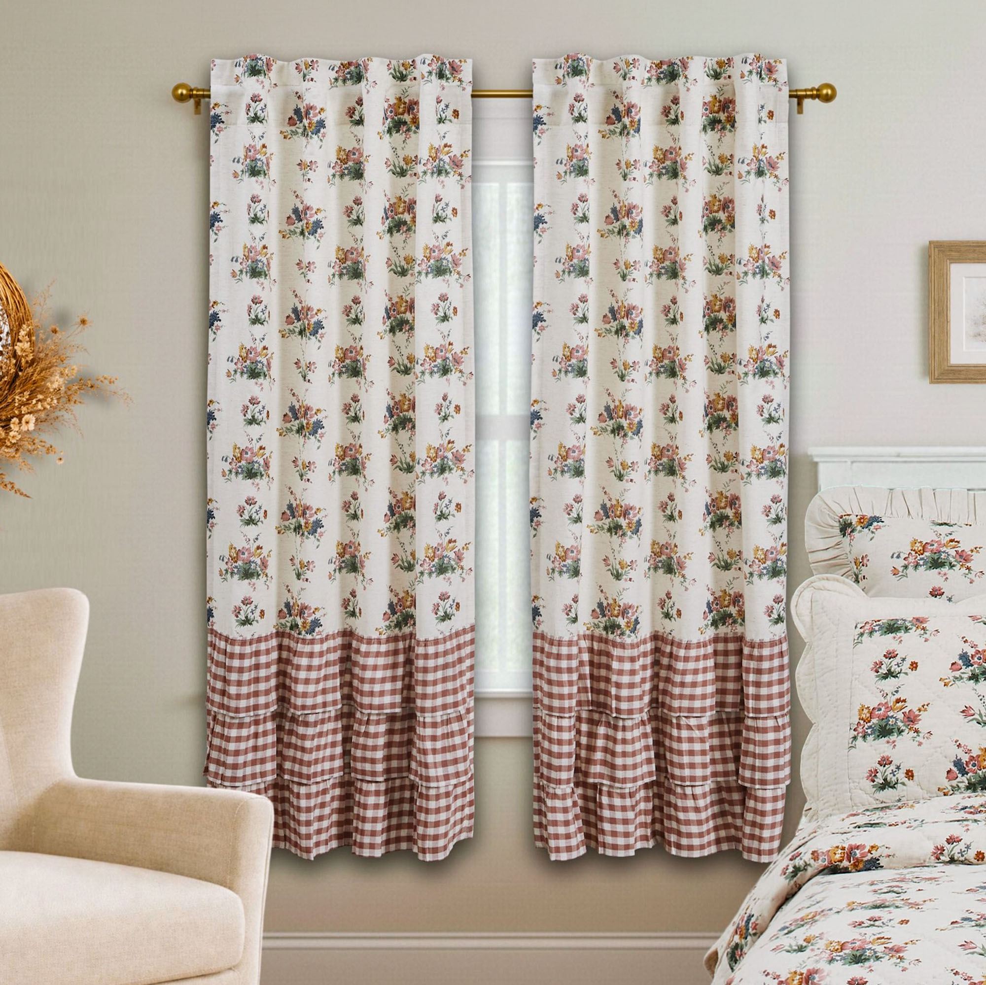 Floral Gingham Tailored Curtain Pair Multi Warm 72 x 63