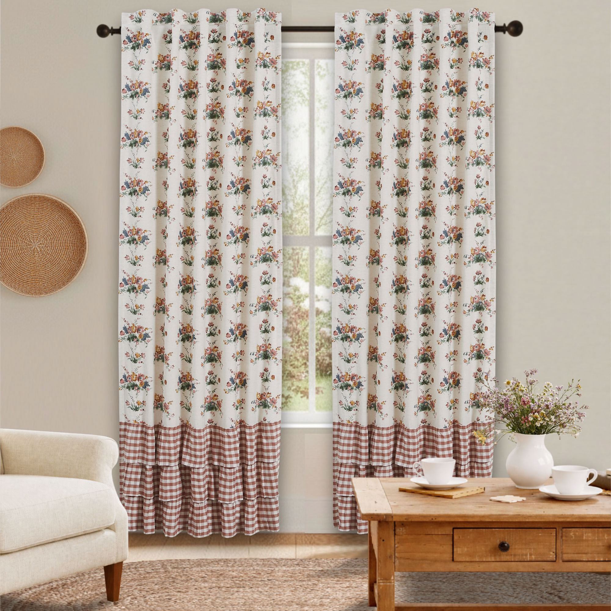 Floral Gingham Tailored Curtain Pair Multi Warm 80 x 84