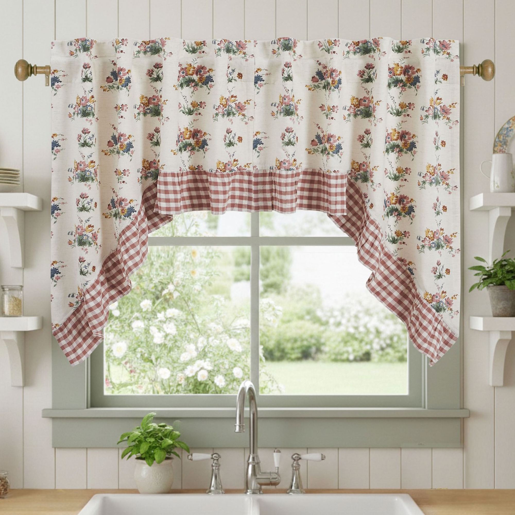 Floral Gingham Swag Valance Pair Multi Warm 72 x 36