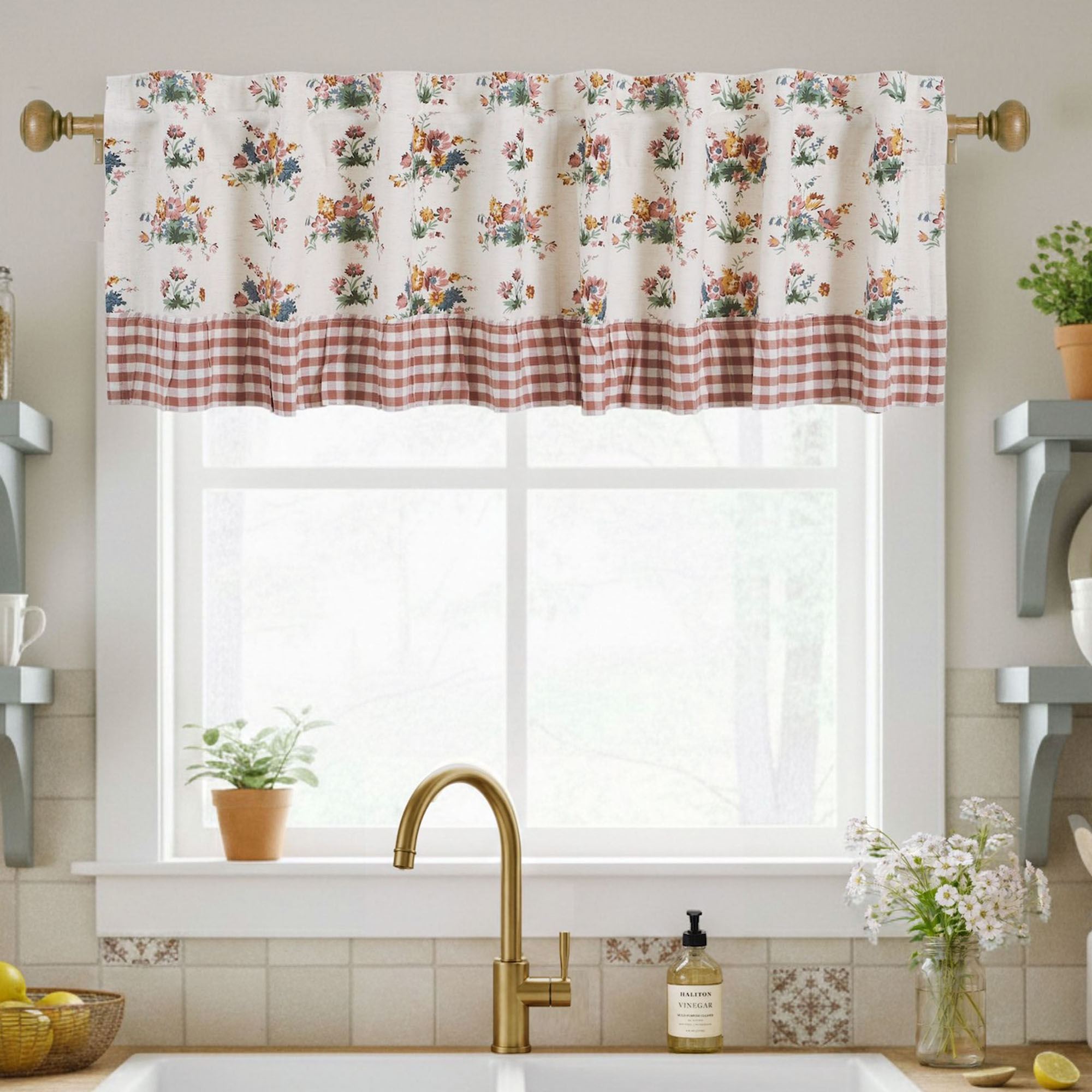 Floral Gingham Tailored Valance Multi Warm 72 x 19
