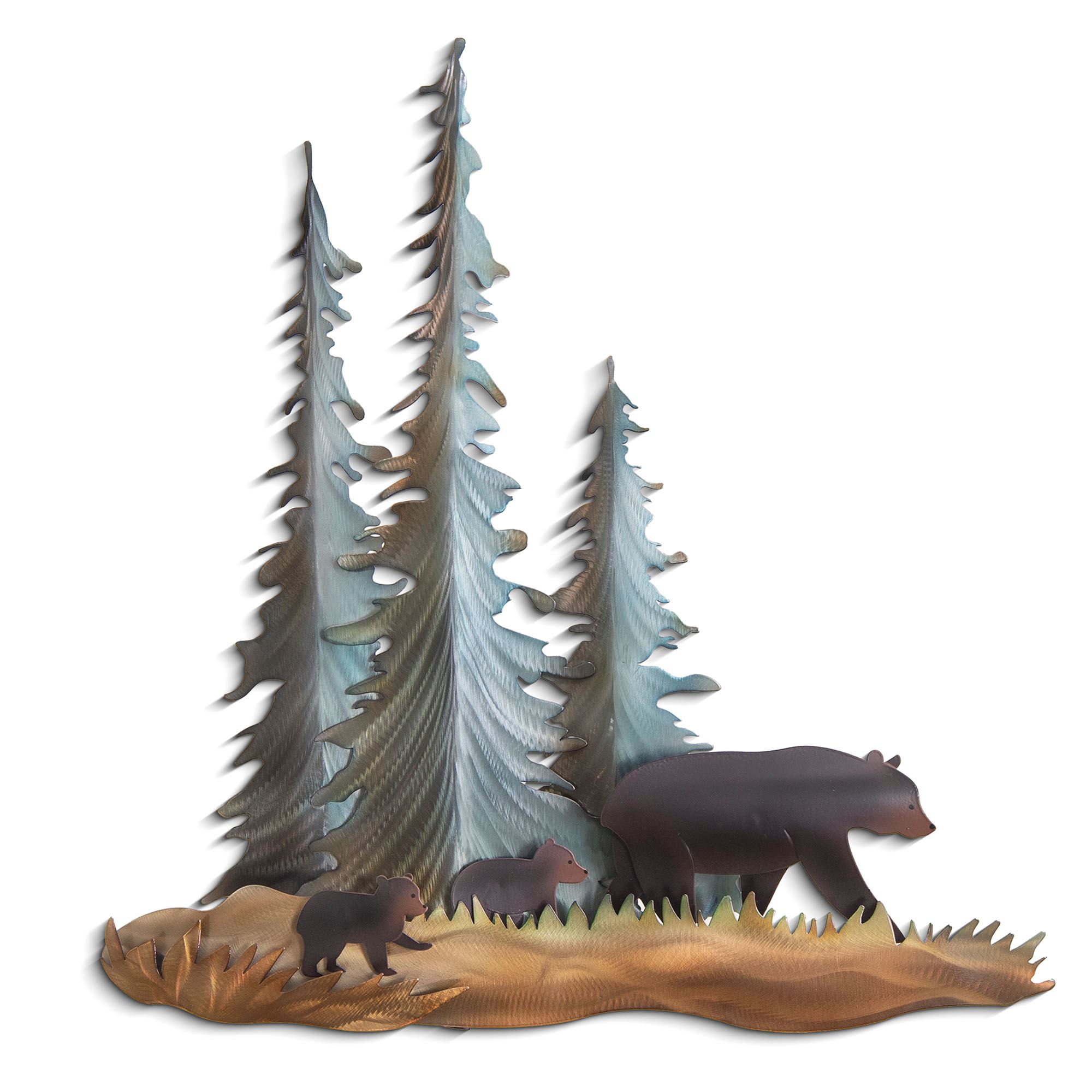 Bear Family in the Pines Small Wall Sculpture Multi Metallic