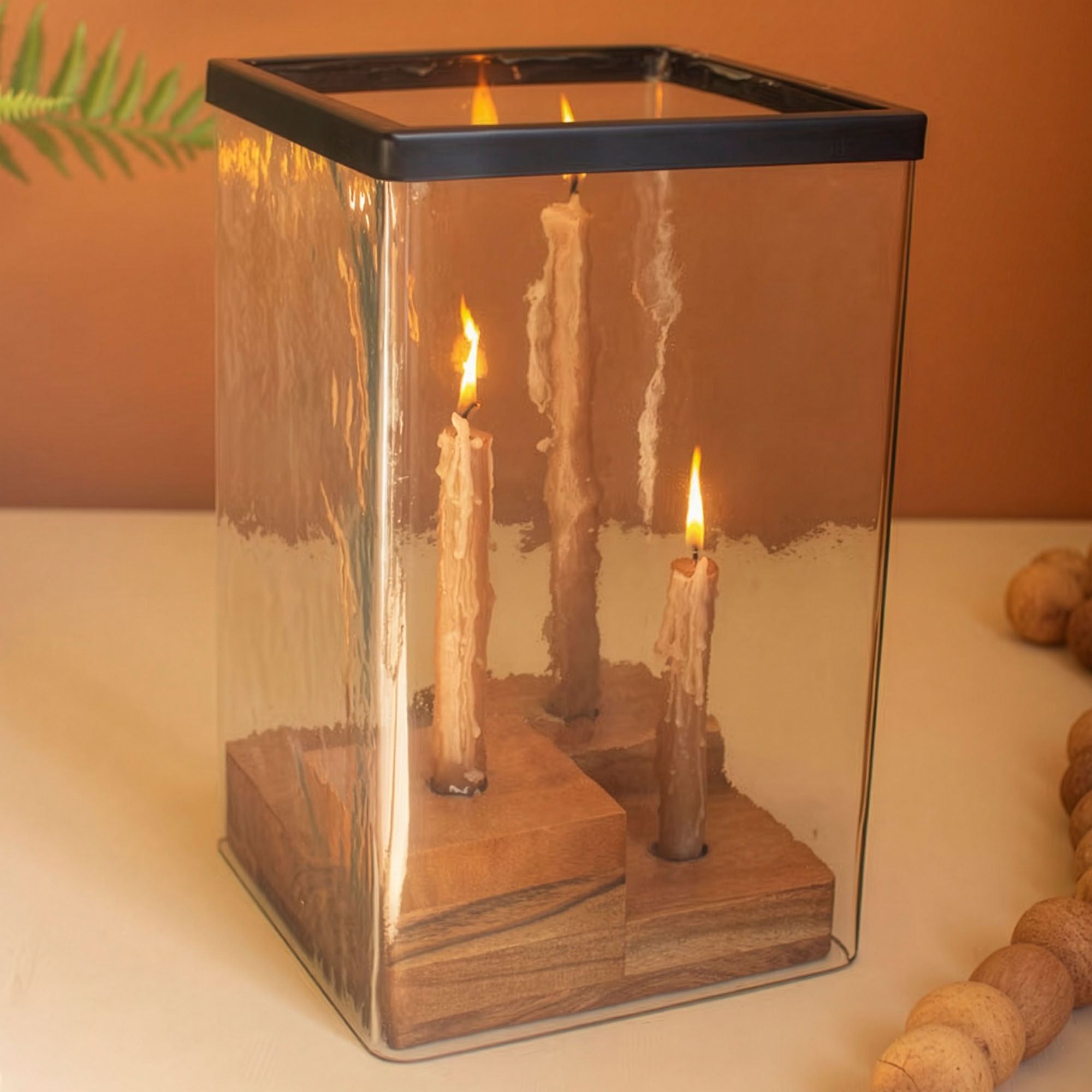 Glass Hurricane and Wooden Candelabra Walnut