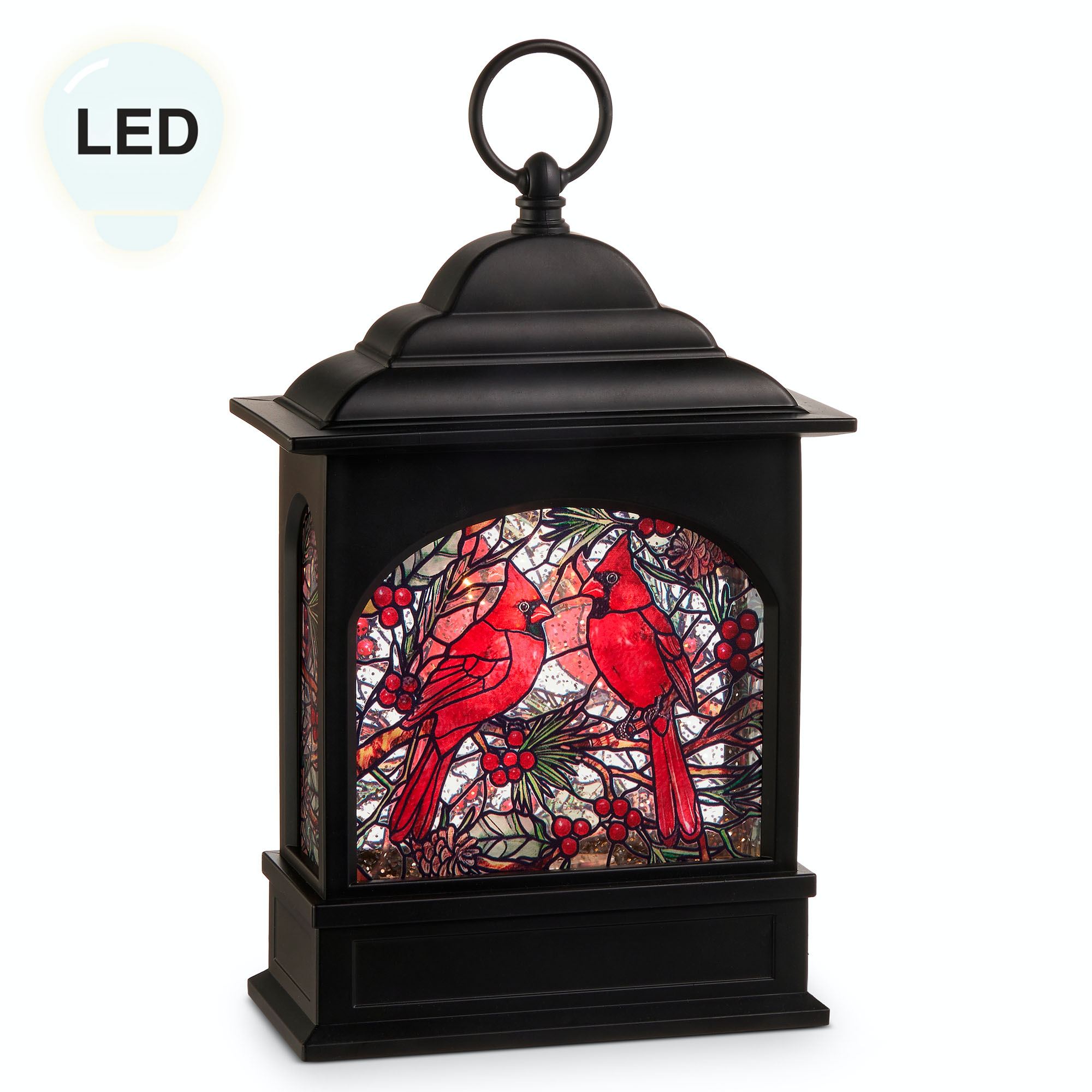 Winter Cardinals Swirl LED Lantern Red