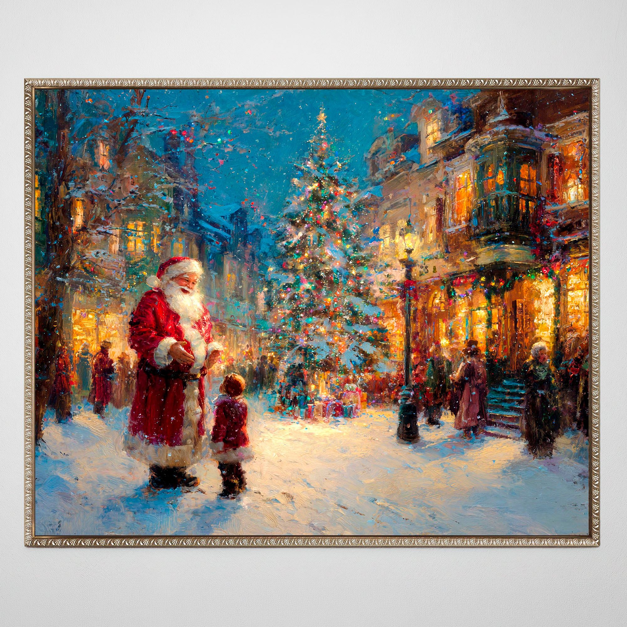 Santa in Town Center Framed Canvas Wall Art Multi Warm