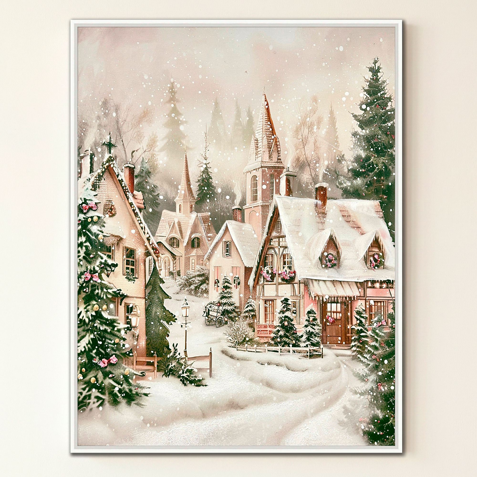 Cozy Christmas Village Framed Canvas Wall Art Beige