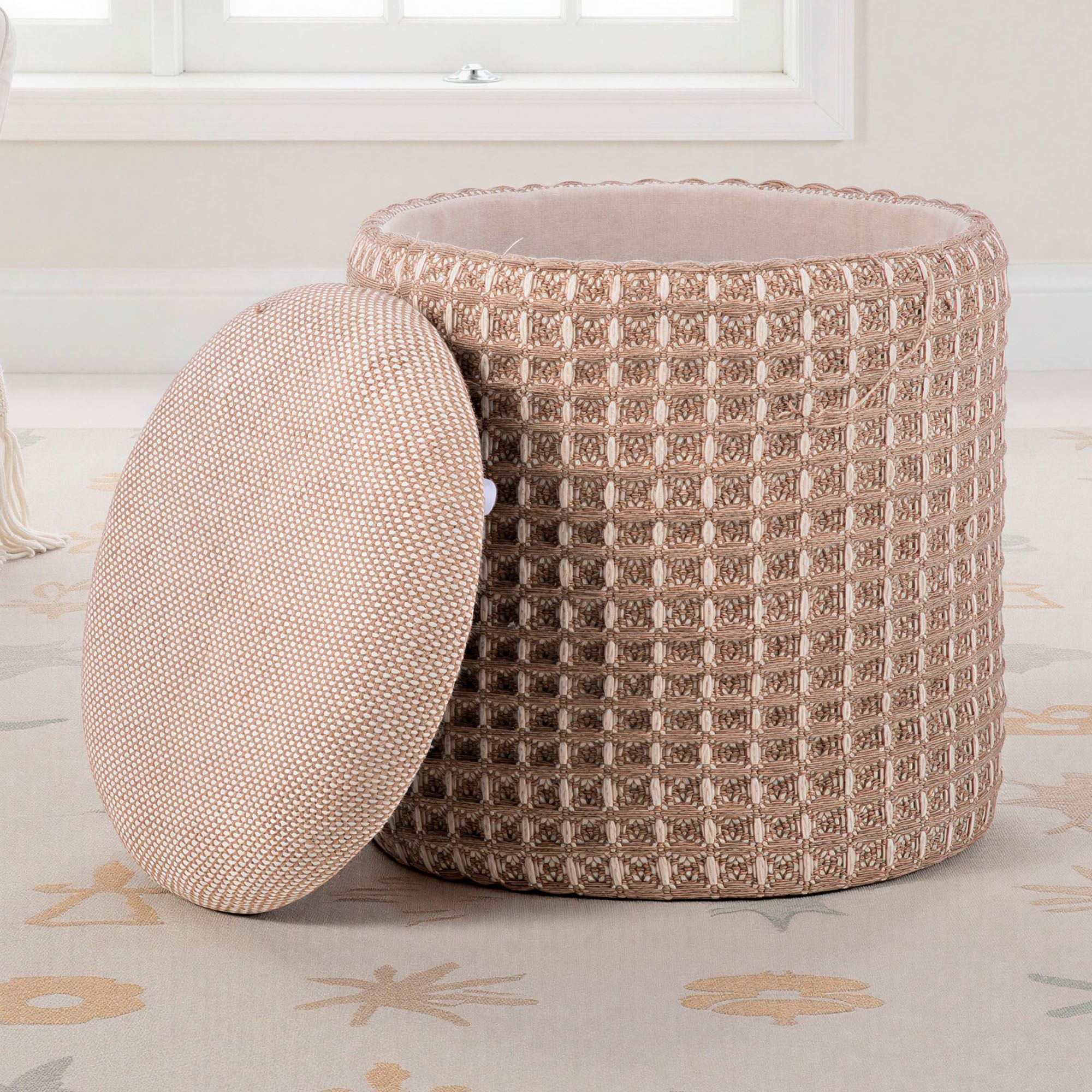 Handwoven Waffle Storage Ottoman Taupe