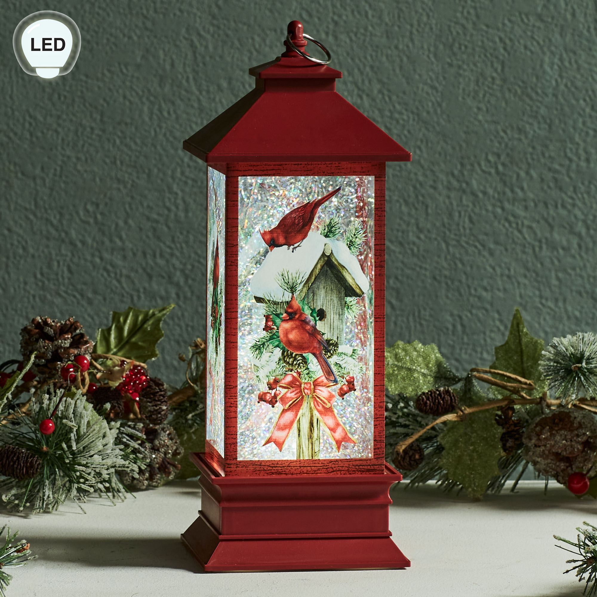 Holiday Cardinals Swirl LED Lantern Red