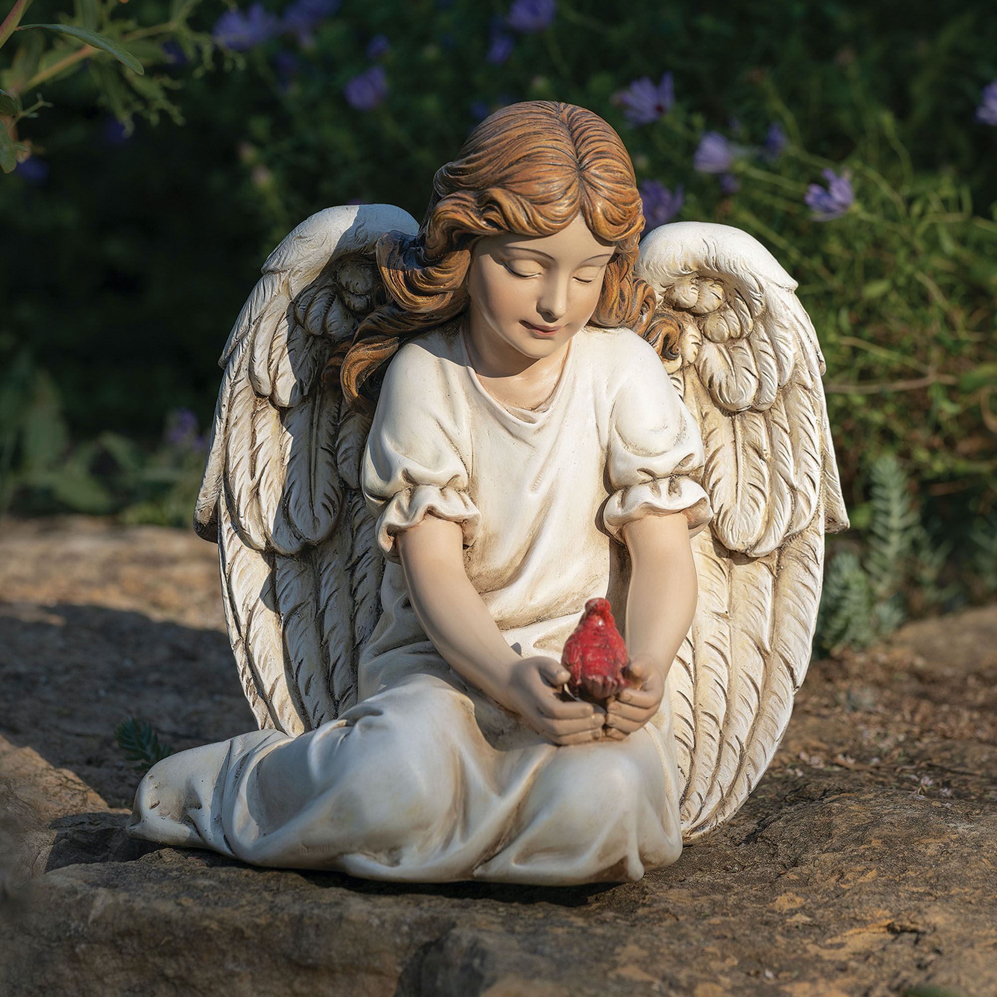 Sitting Angel with Cardinal Garden Statue Weathered White