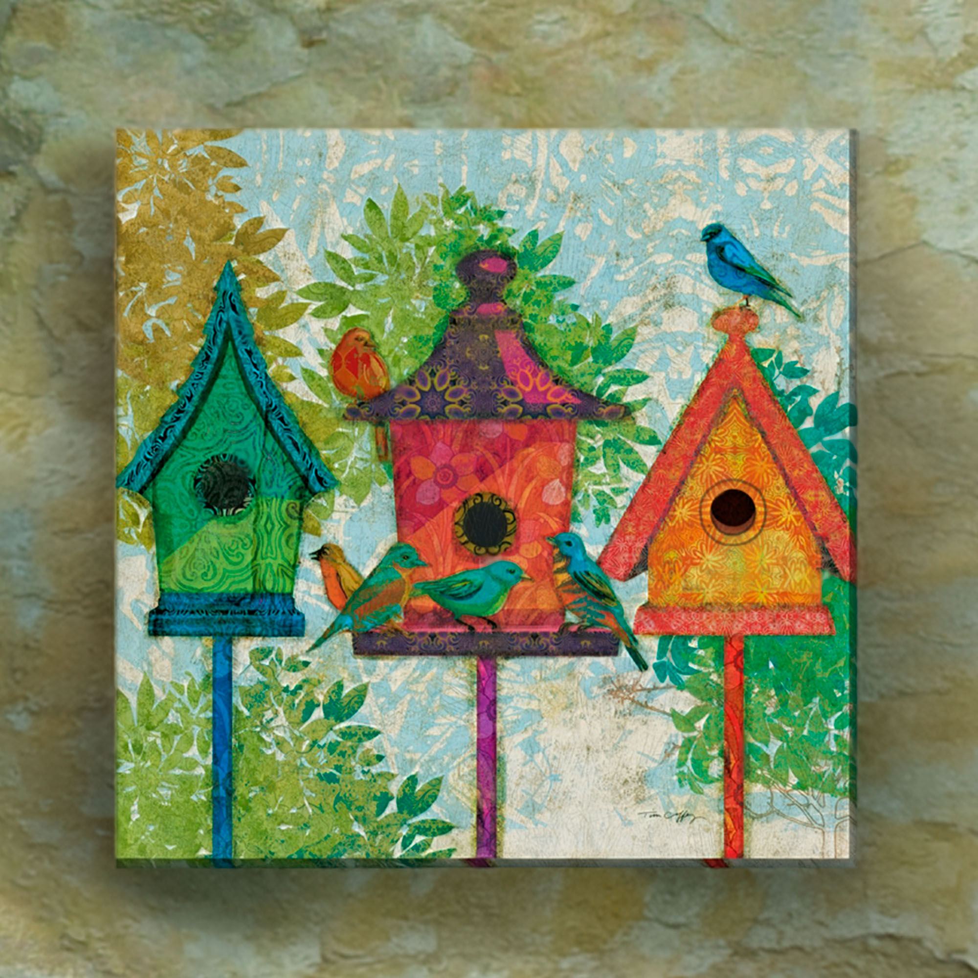 Three Neighbors Birdhouse Canvas Wall Art Multi Bright