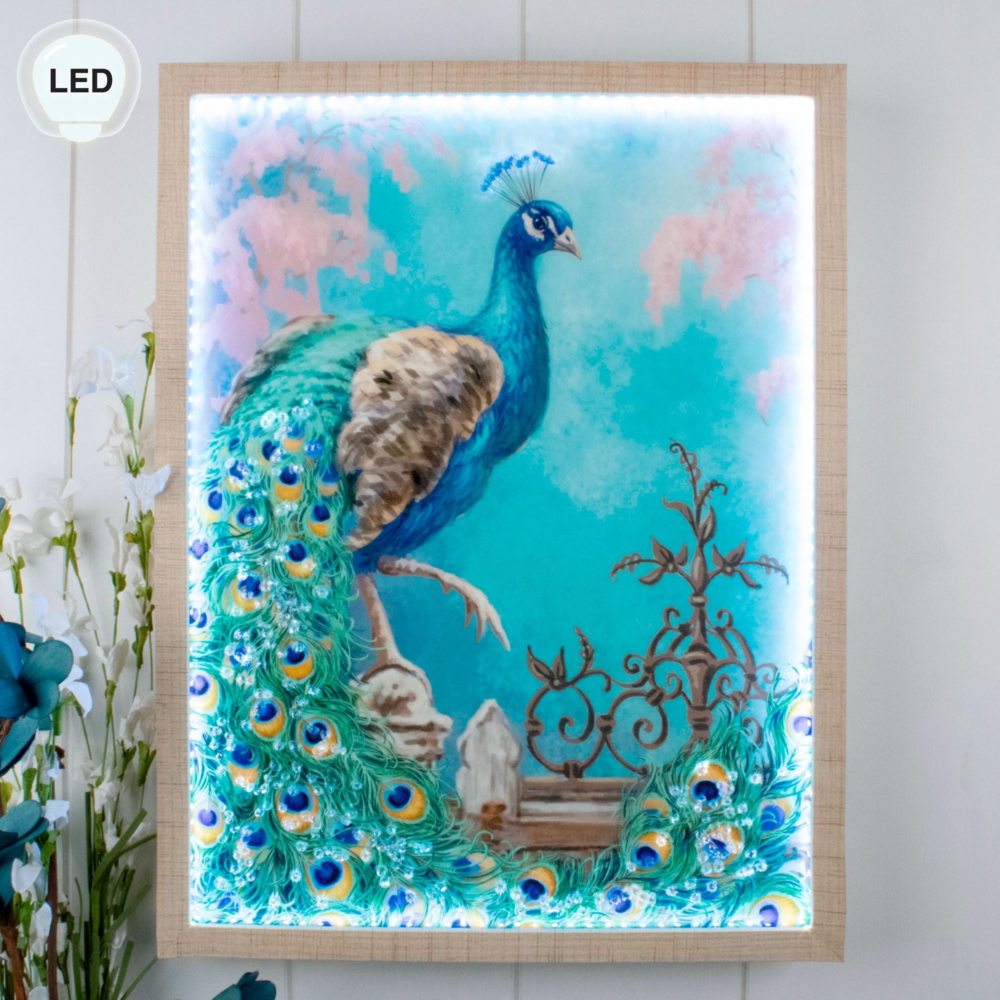 Jewel of the Garden Lighted Framed Peacock Wall Art Multi Jewel