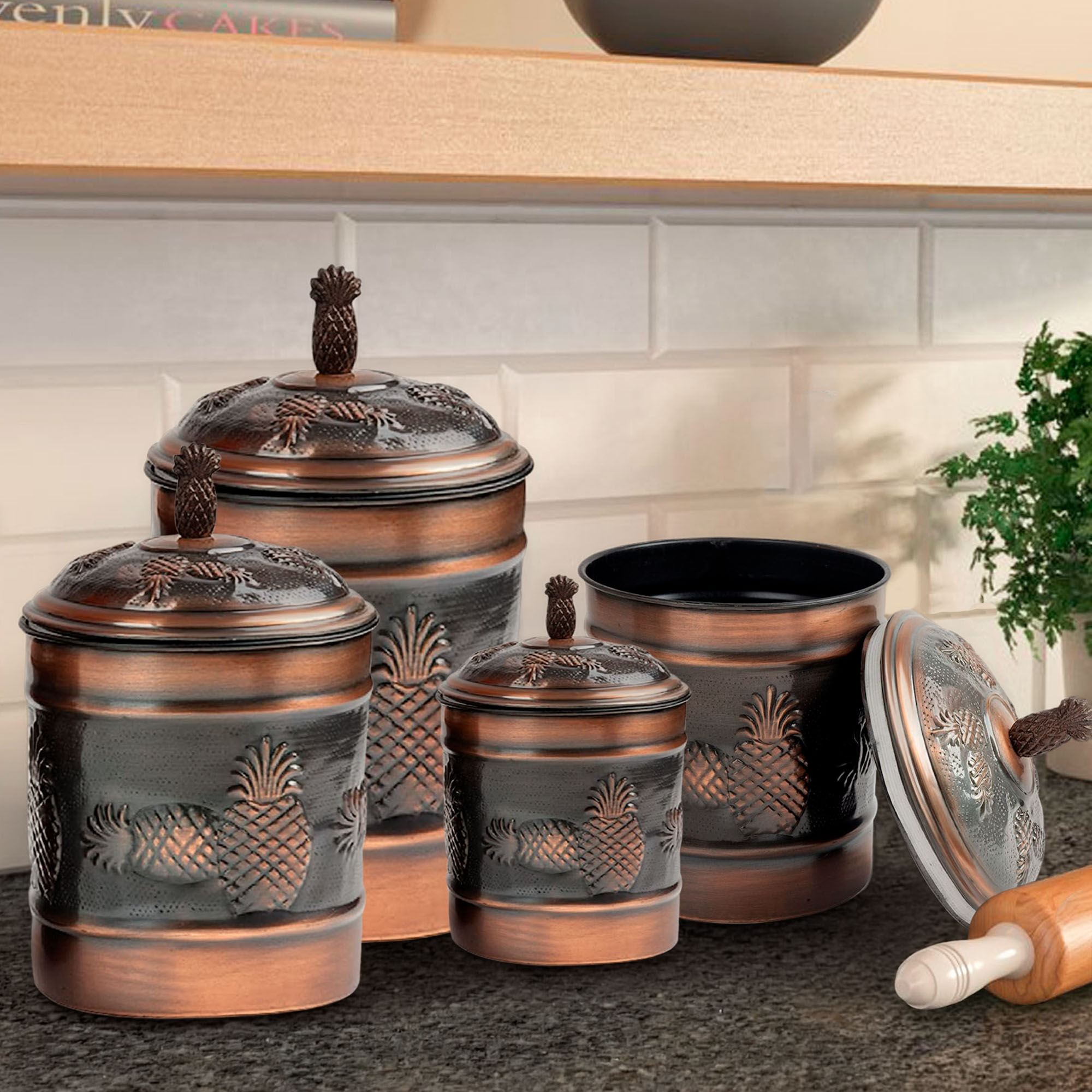 Pineapple Kitchen Canisters Antique Copper Set of Four