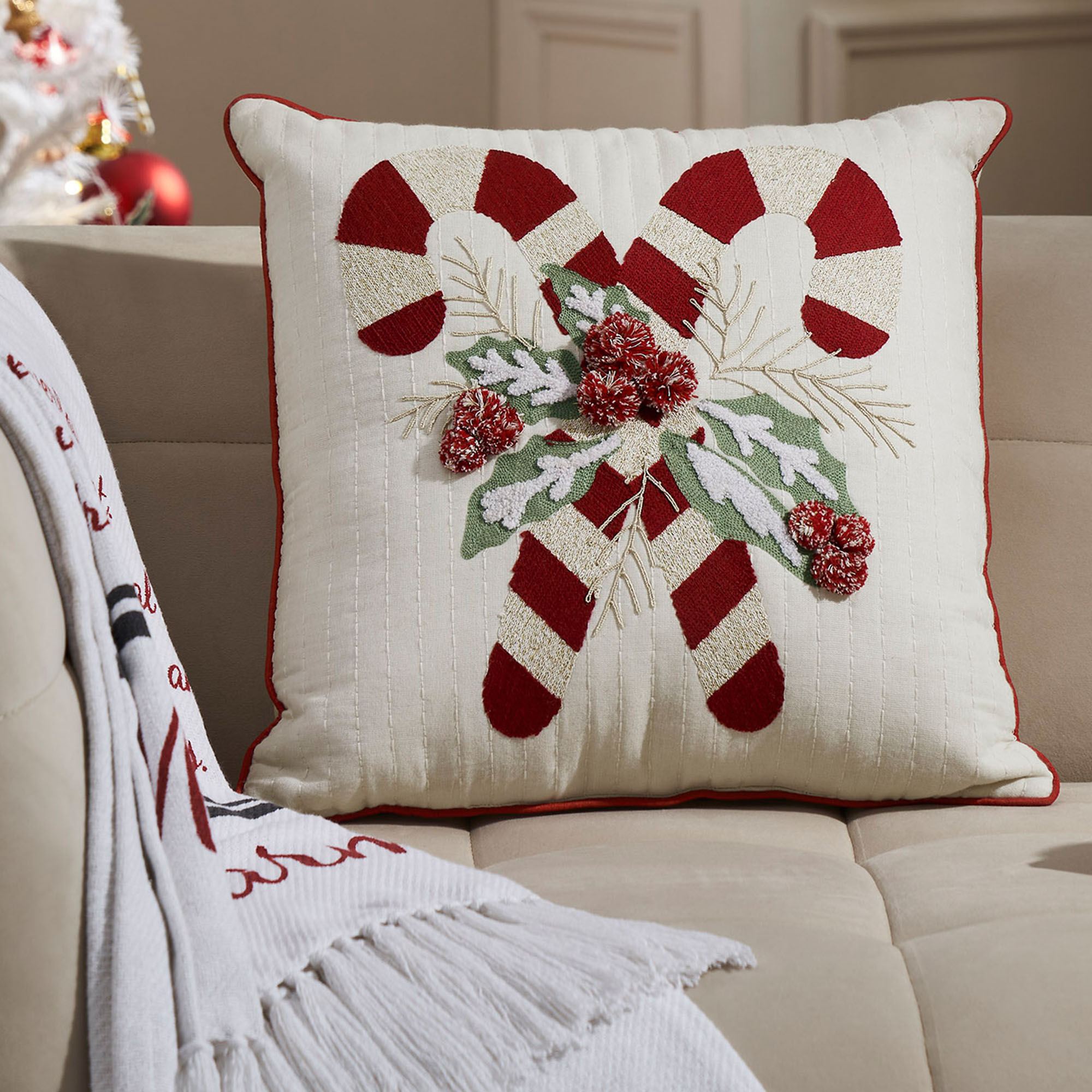 Candy Cane Decorative Pillow Ivory 18 Square