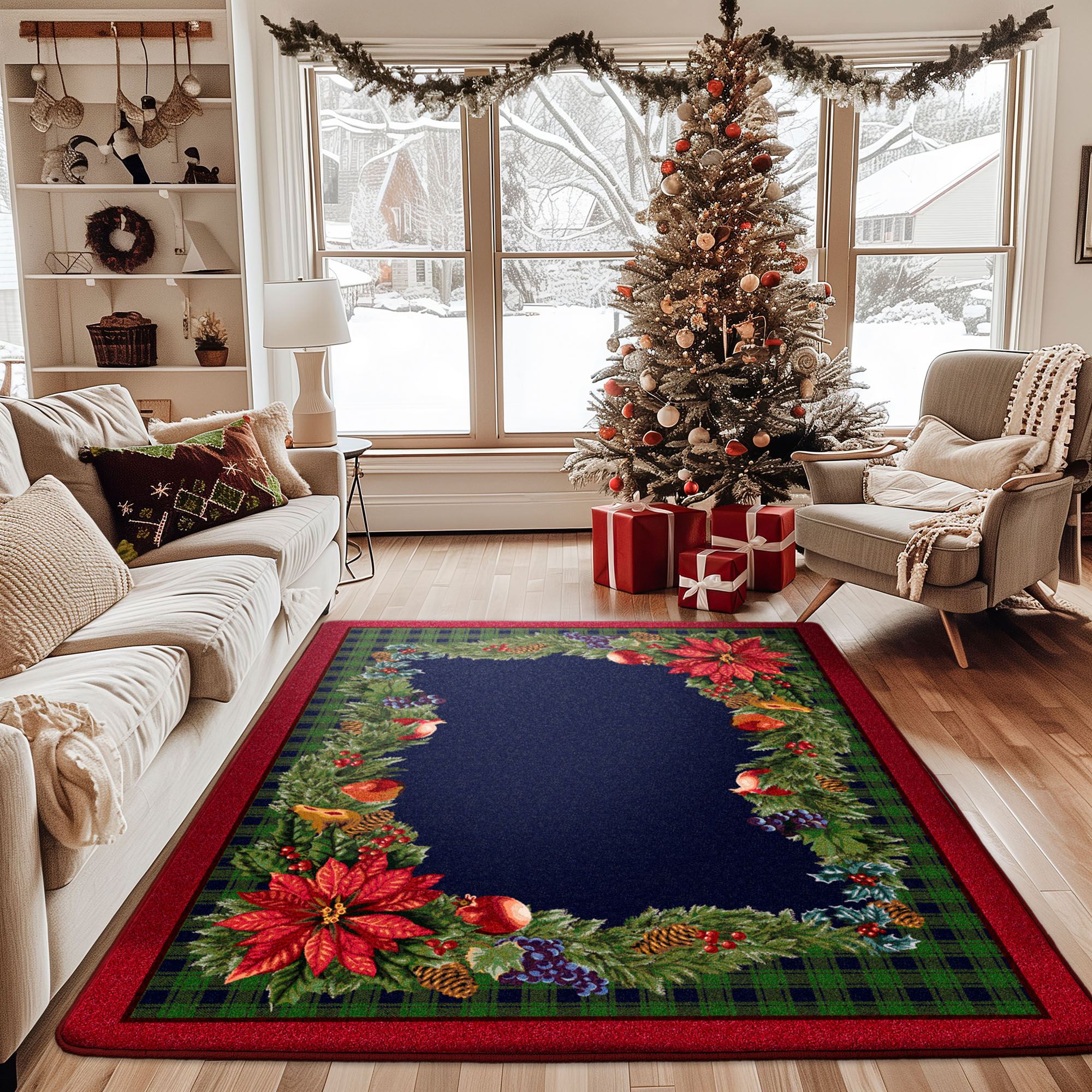 Poinsettia Pines Rectangle Rug Red