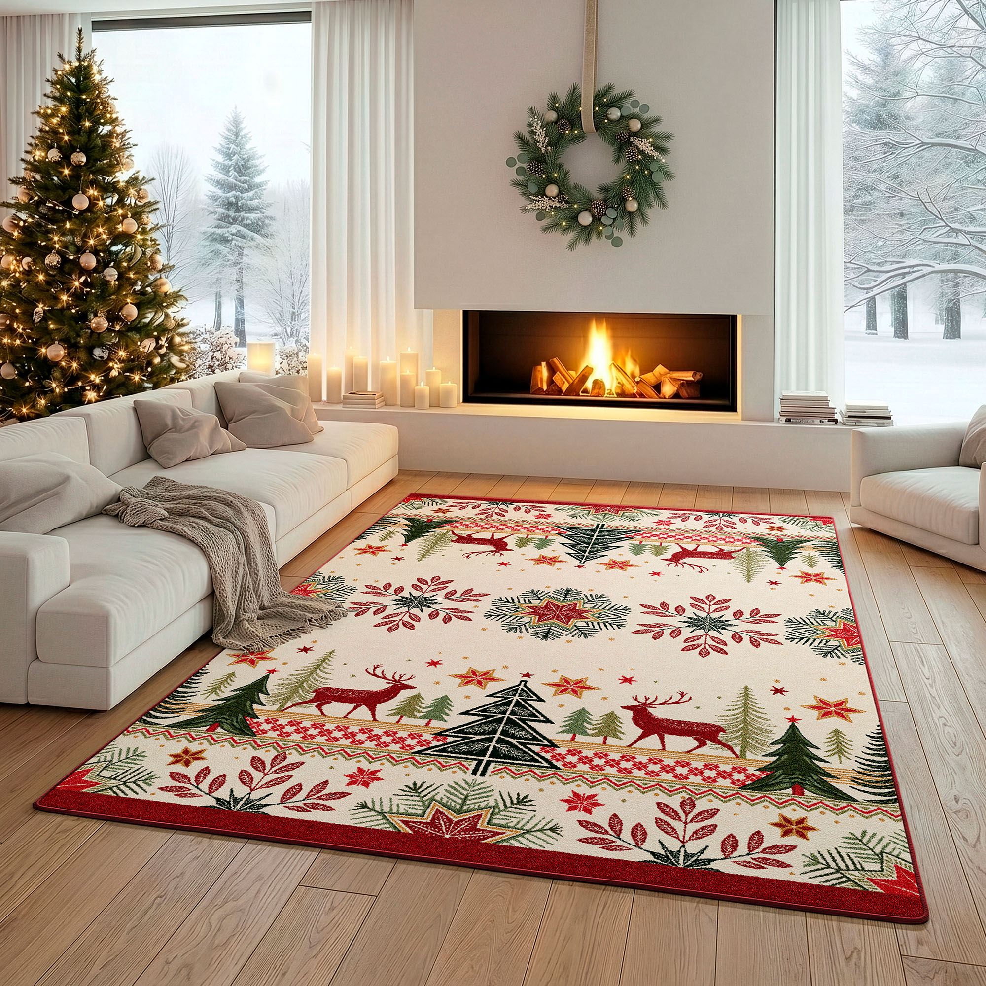 Nordic Woodland Rectangle Rug Red