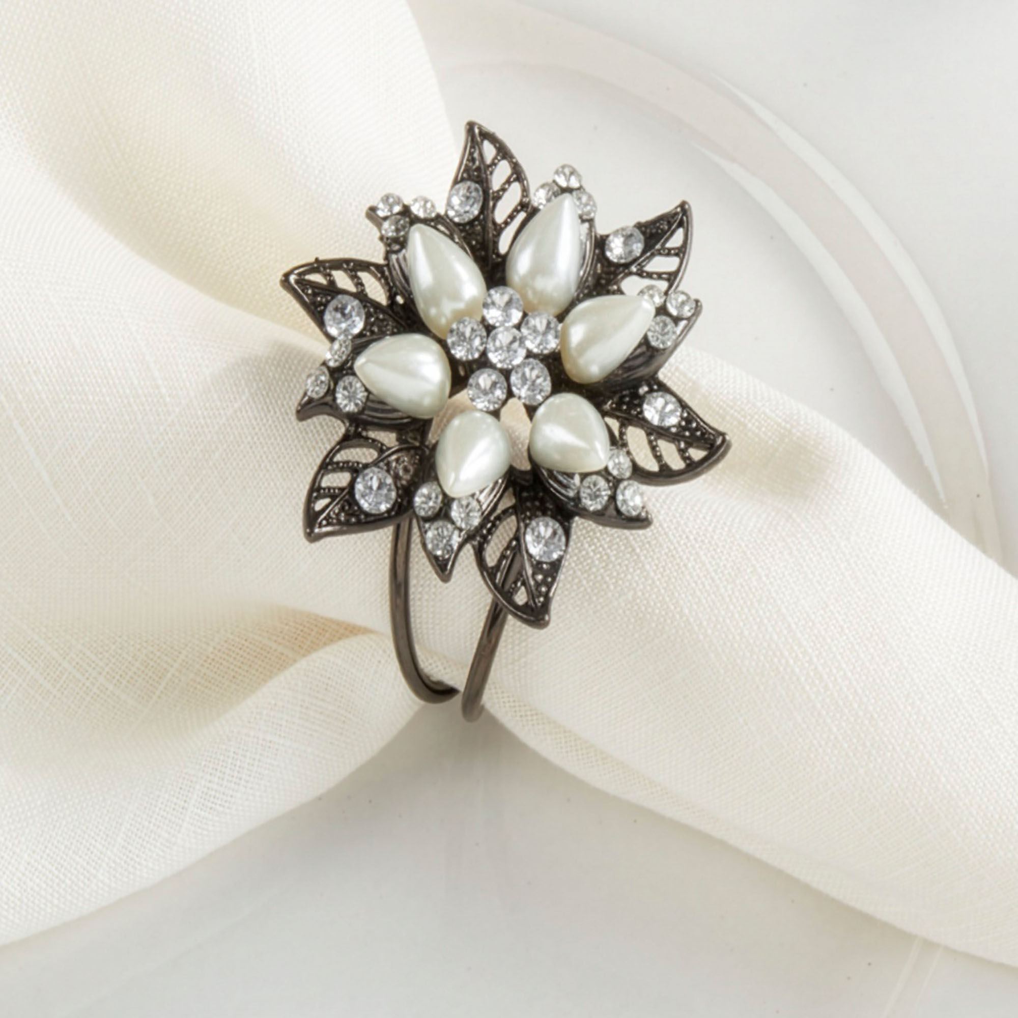 Bejeweled Floral Napkin Rings Graphite Set of Four