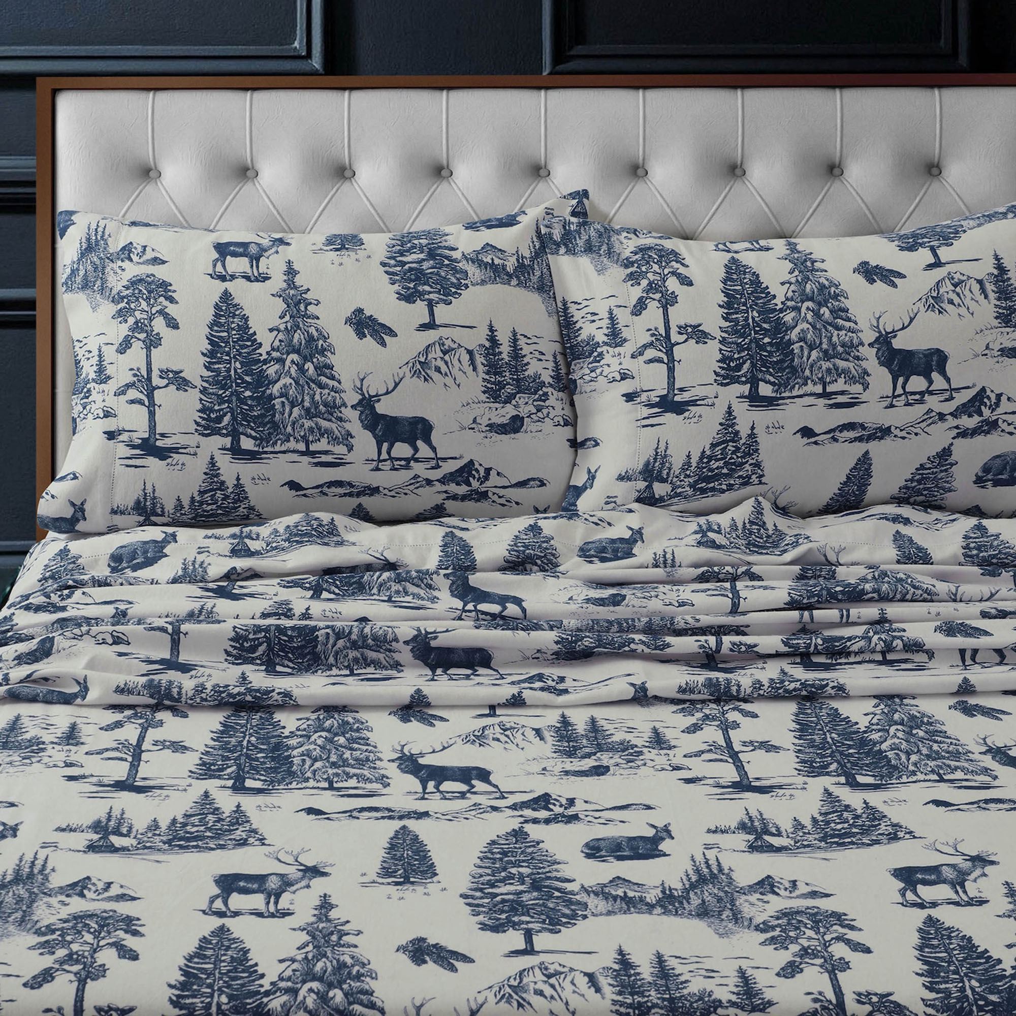 Deer Toile Flannel Sheet Set Blue