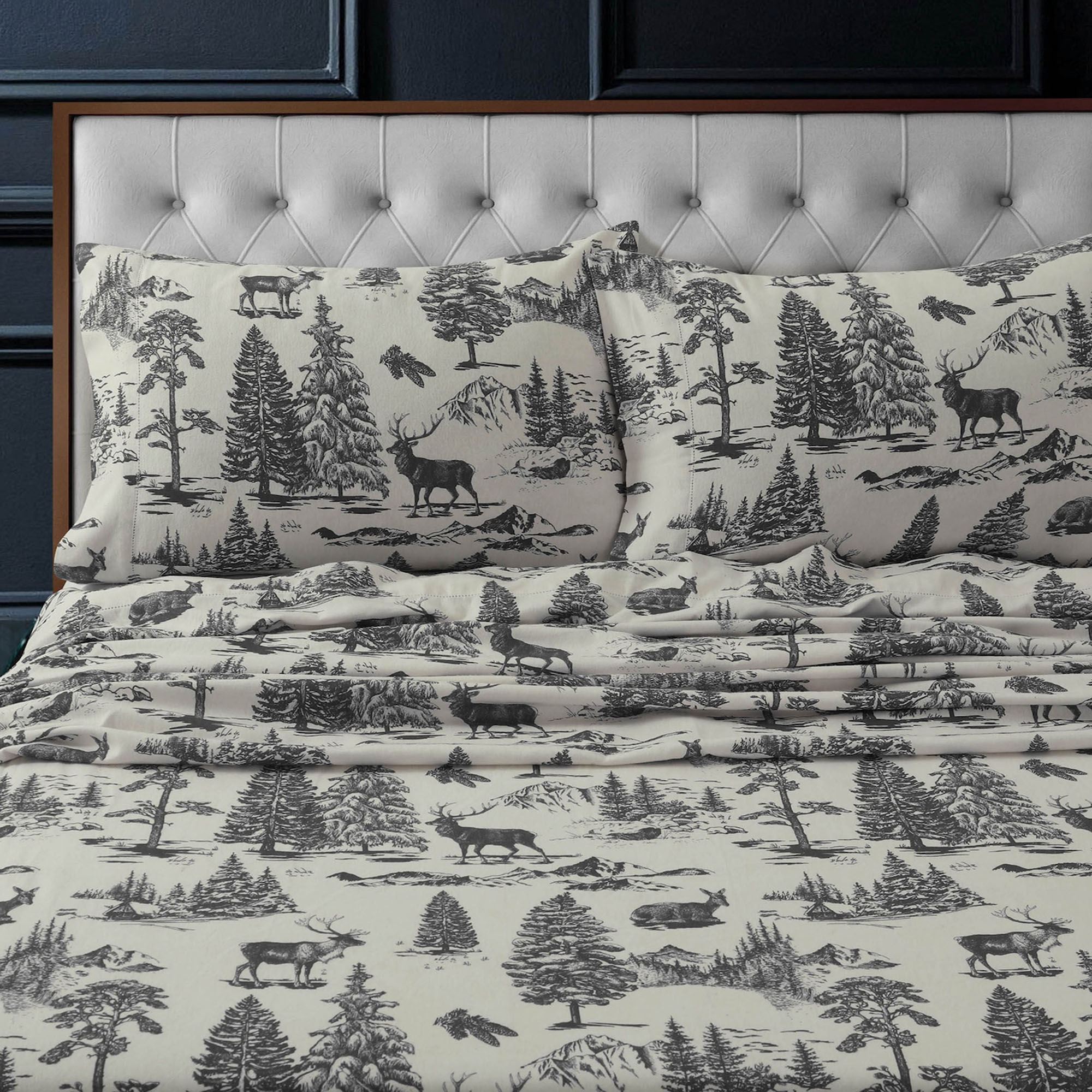 Deer Toile Flannel Sheet Set Charcoal