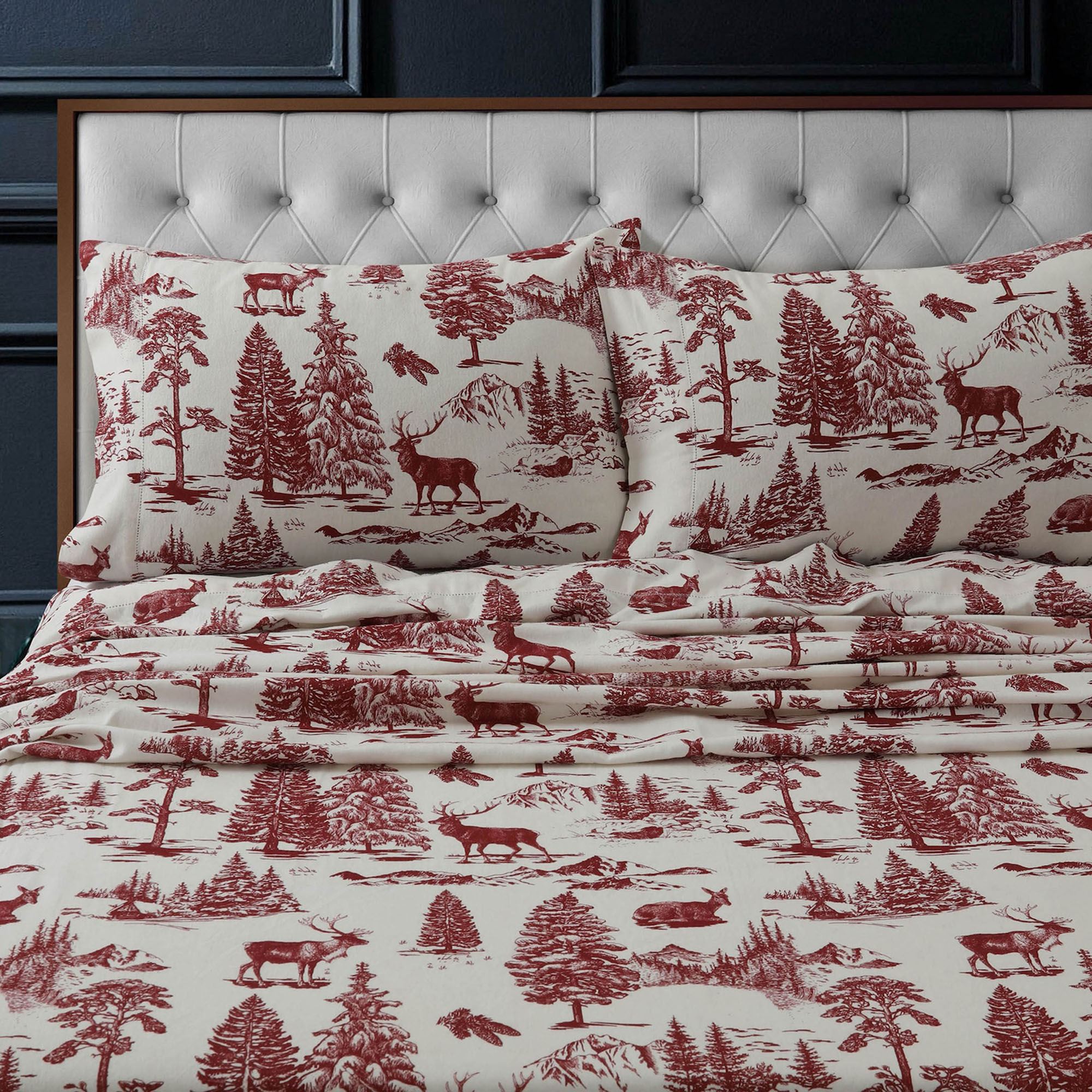 Deer Toile Flannel Sheet Set Red