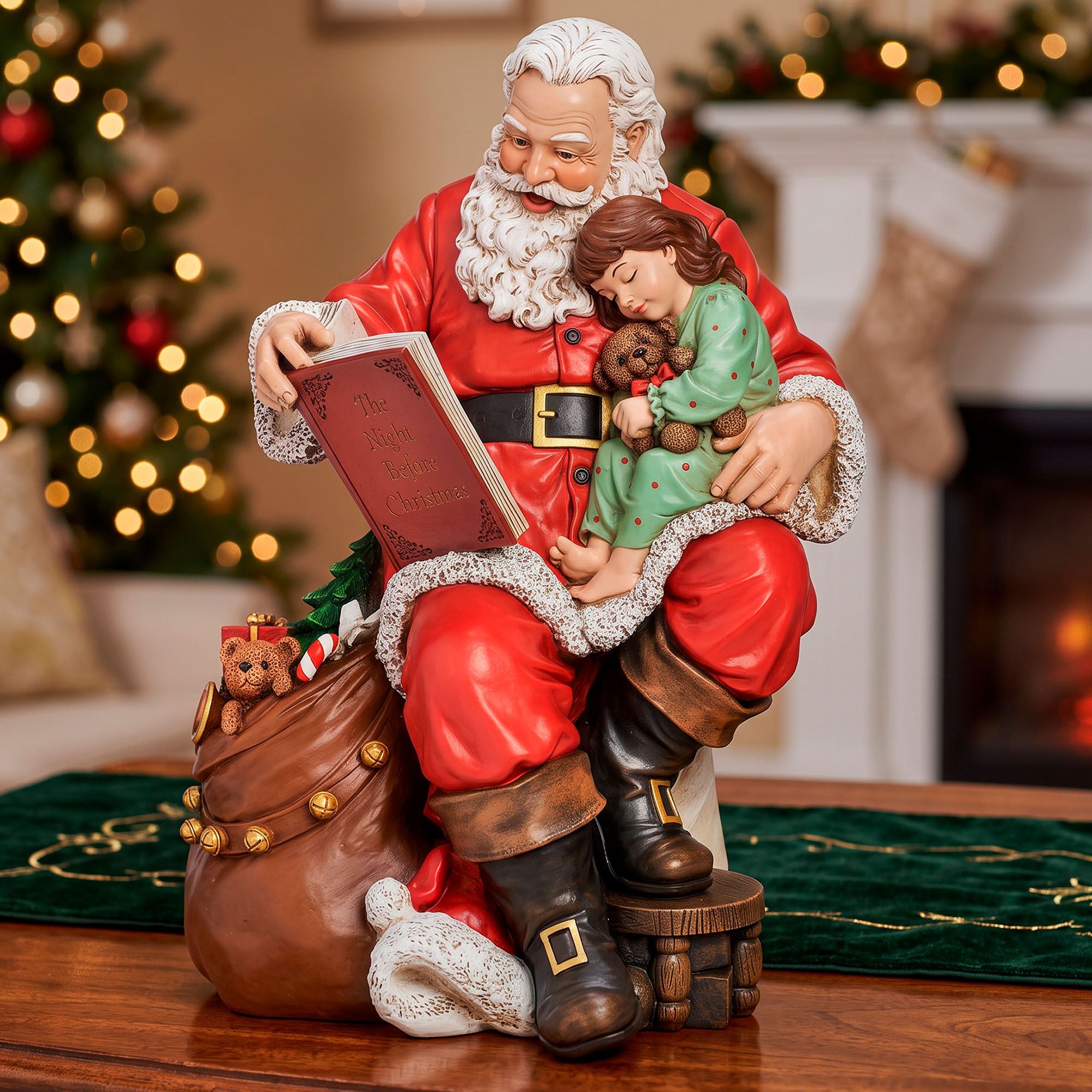 Santa Claus Reading to Child Table Sculpture Red