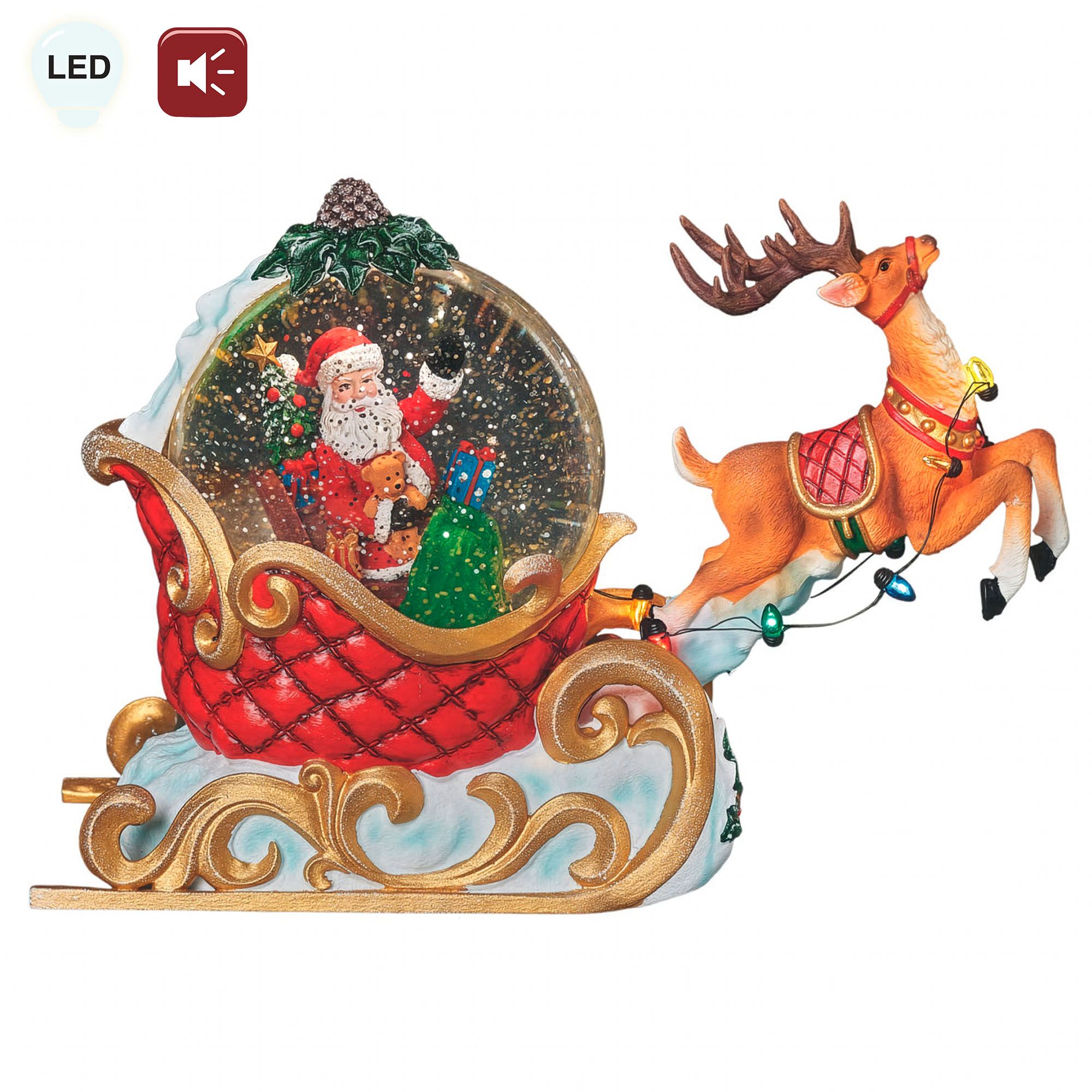 Santa and Reindeer LED Musical Water Globe Red