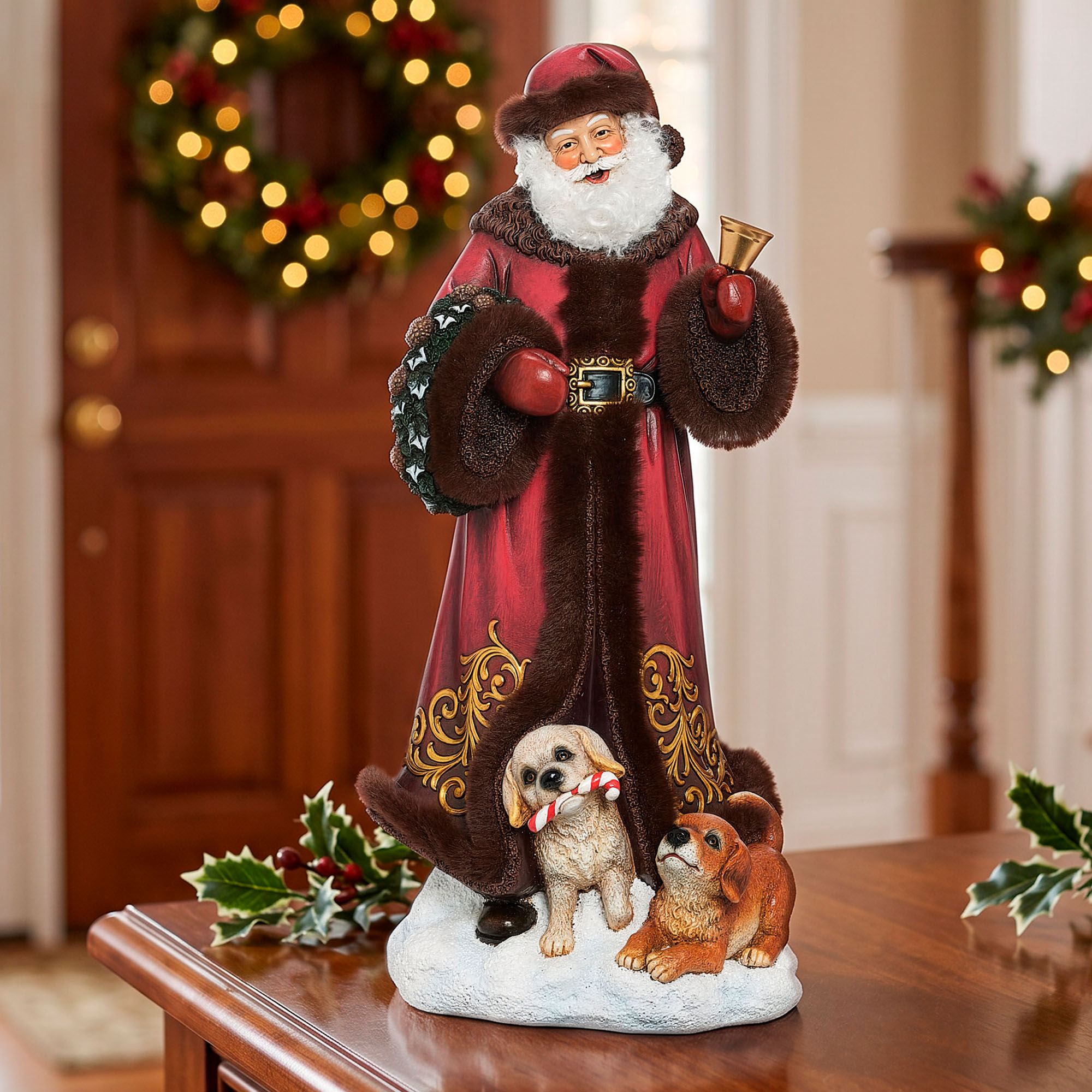 Santa Claus with Puppies Table Sculpture Red