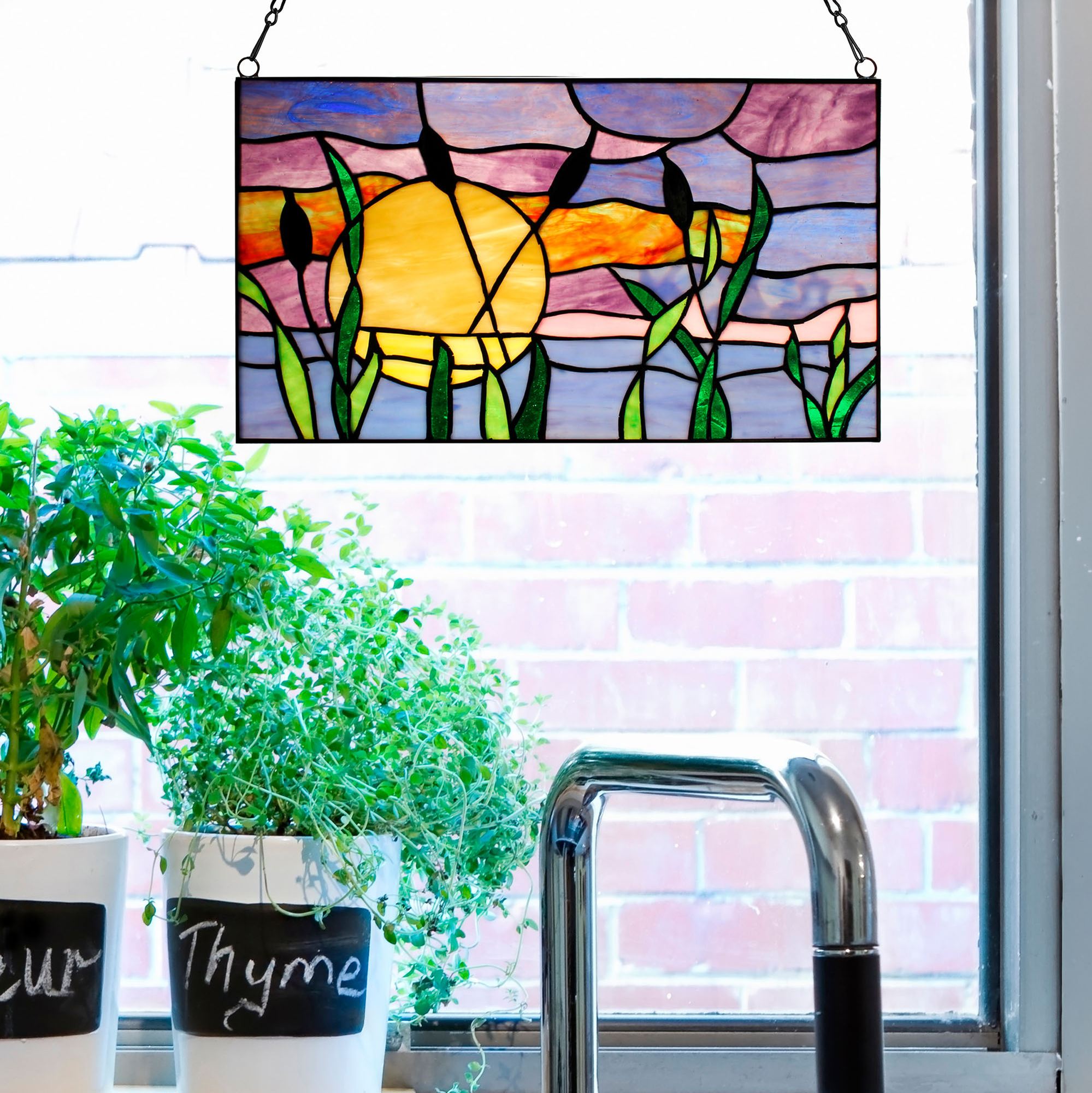 Cattails at Sunset Stained Glass Window Panel Multi Jewel