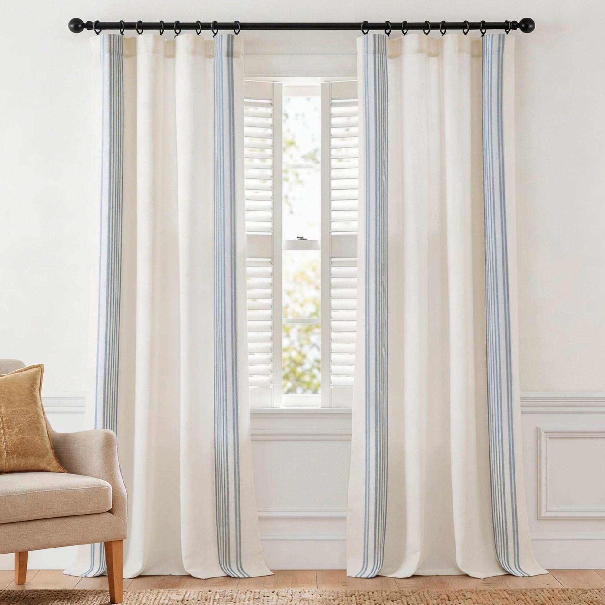 Morgan Wide Curtain Pair with Clip Rings White/Blue 100 x 84