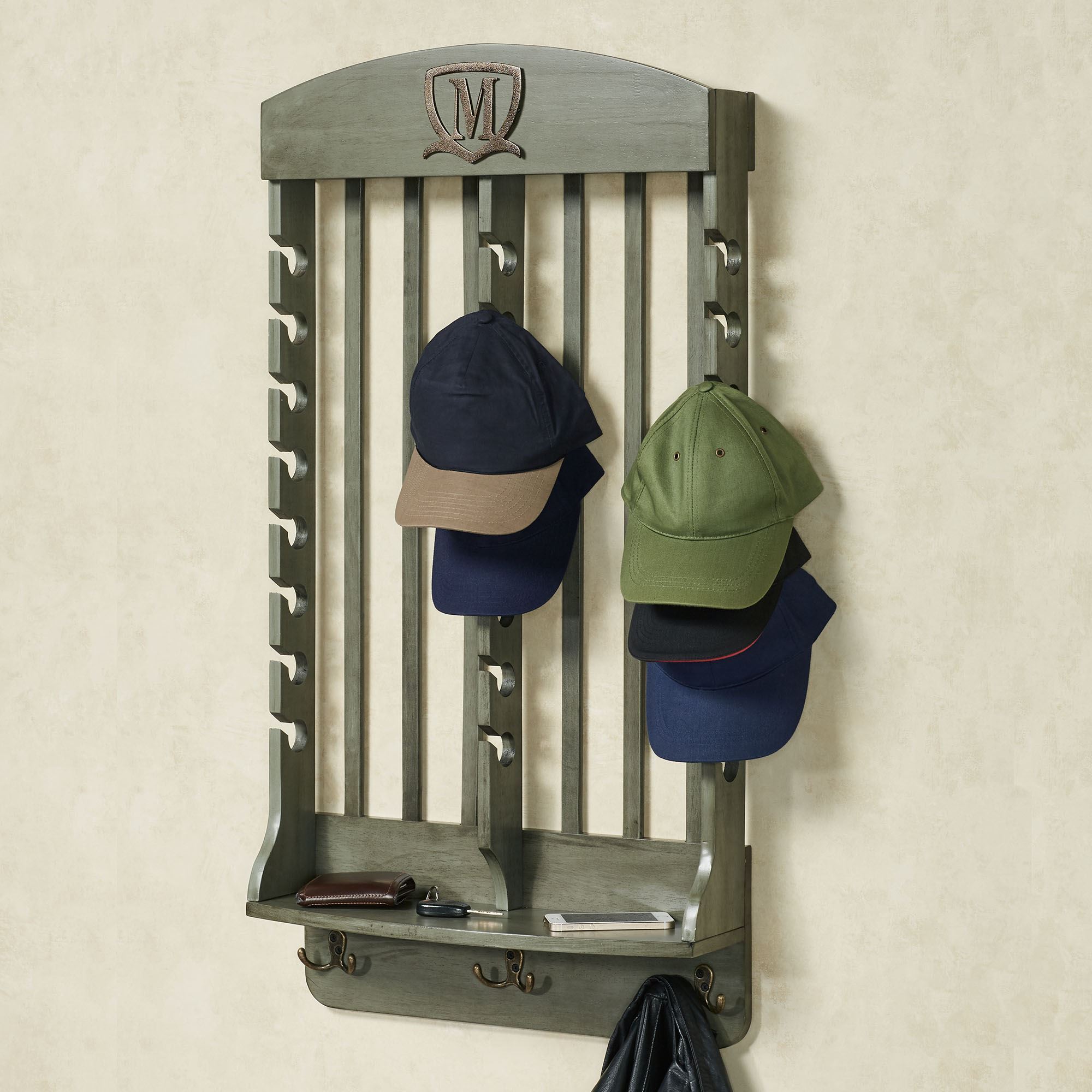 Vertical Gray Deluxe Monogrammed Solid Wood Cap Display Wall Rack