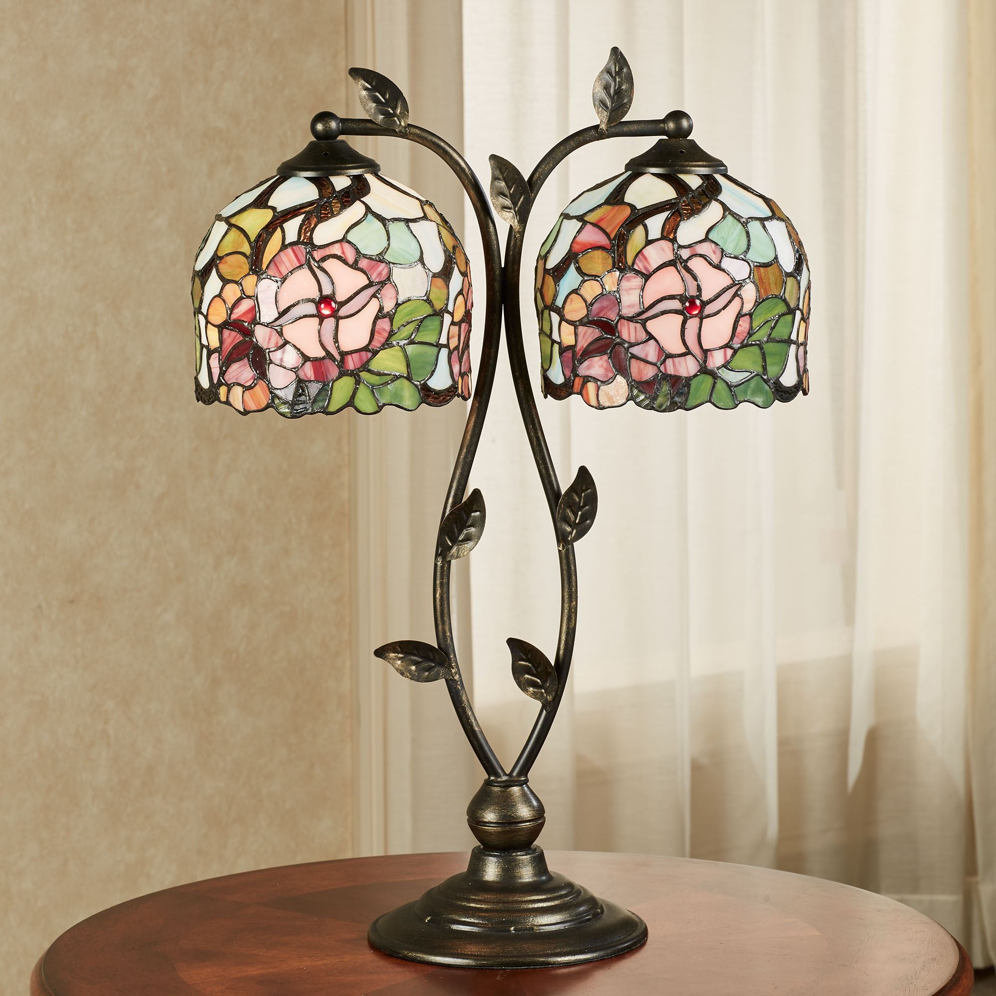 Stained Glass Ramp Jacinthia Floral Tiffany Style Stained Glass Double Shade Table Lamp