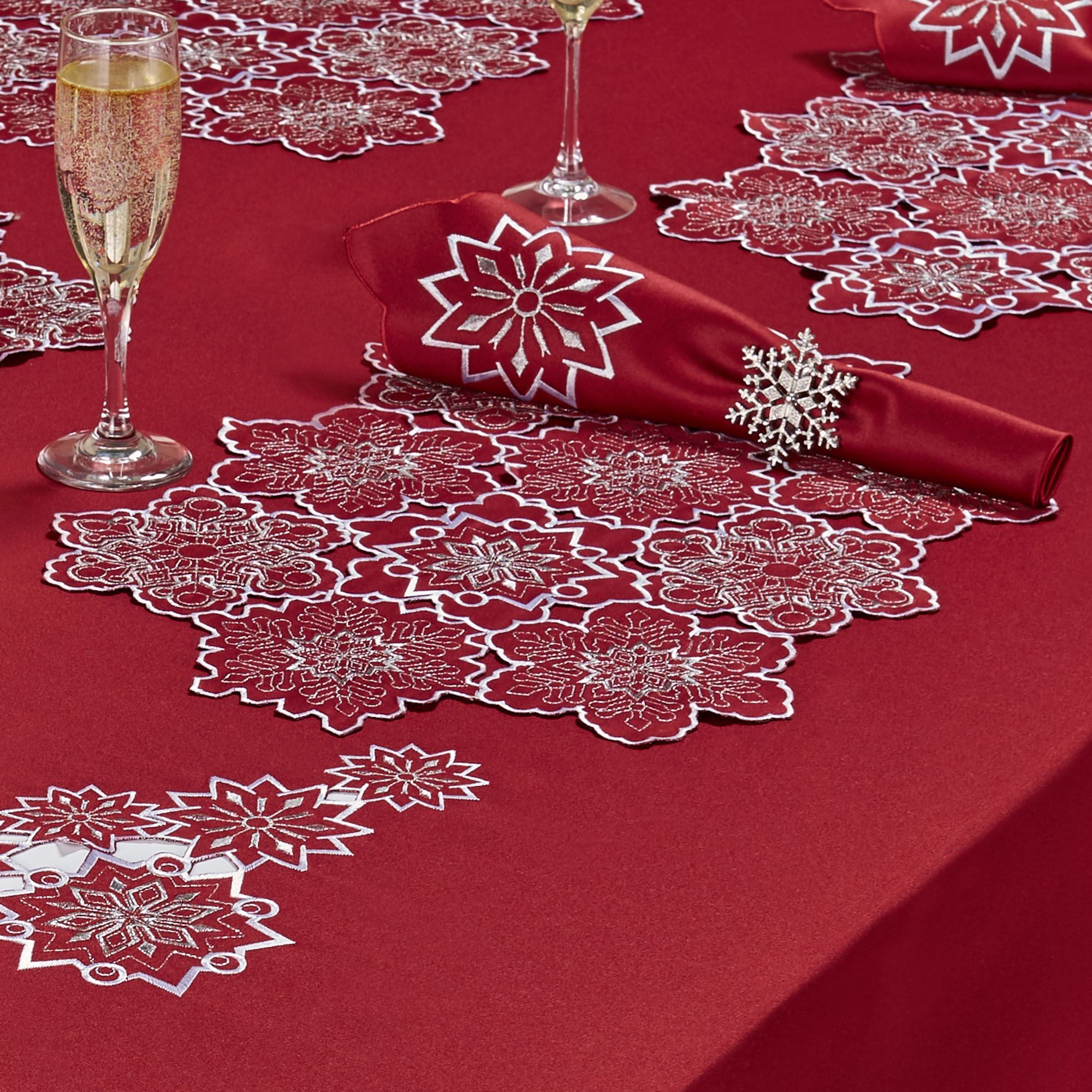 Snowflake Dark Red Holiday Table Linens