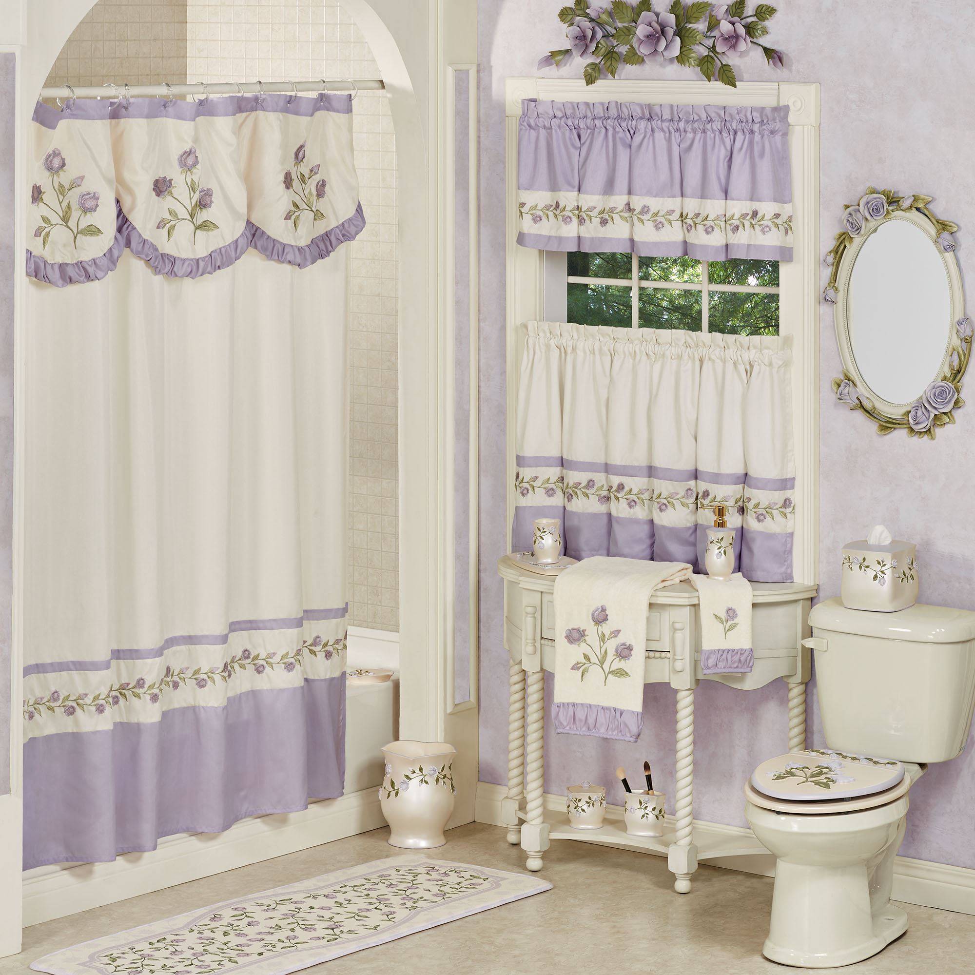 Lavender Rose Embroidered Floral Shower Curtain And Accessories Lavender Rose Embroidered Floral Shower Curtain And Accessories